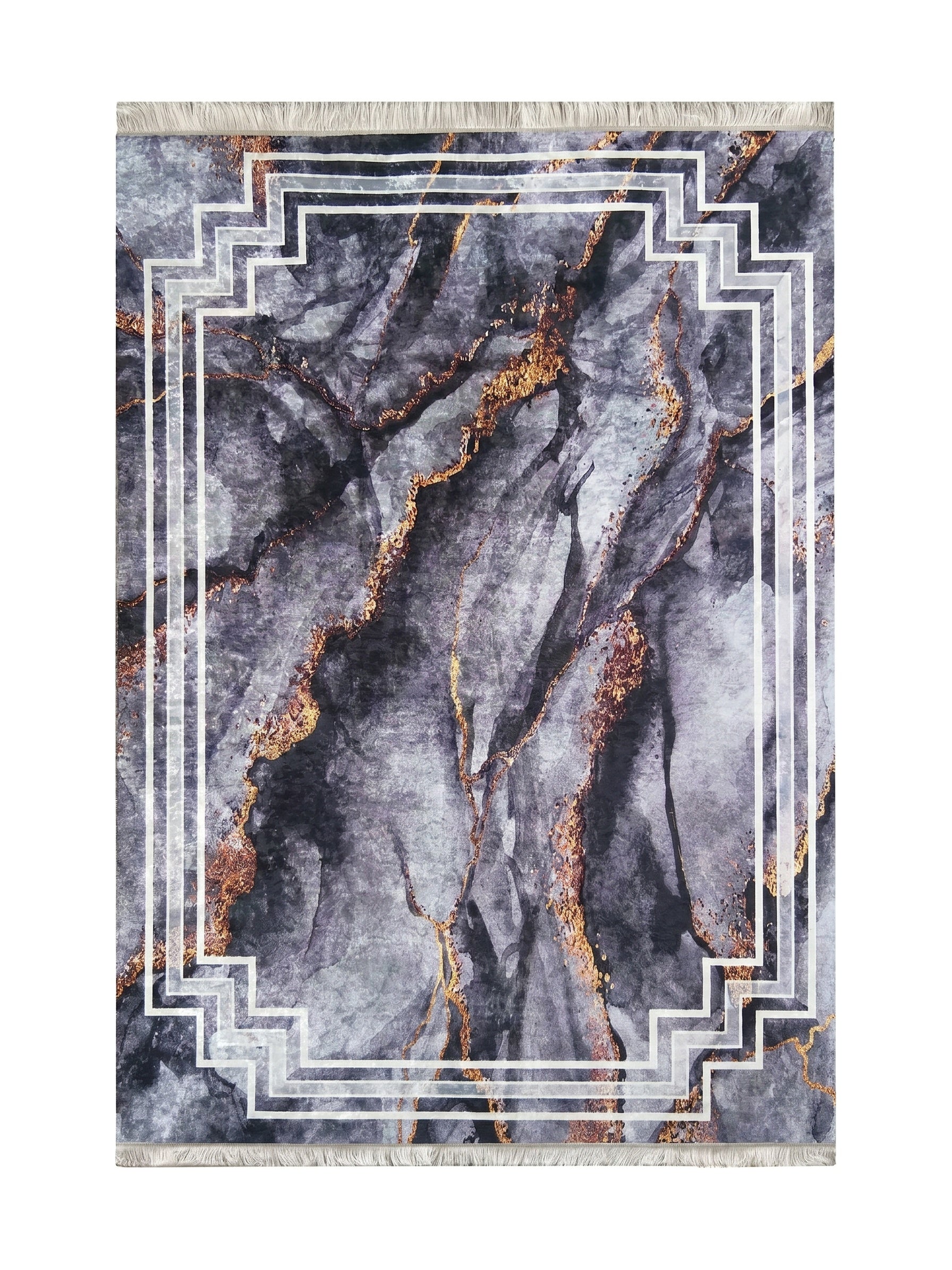 Tapis aux motifs marbrés abstraits en dégradés de gris avec des veines dorées et une bordure géométrique blanche, bordé de franges claires