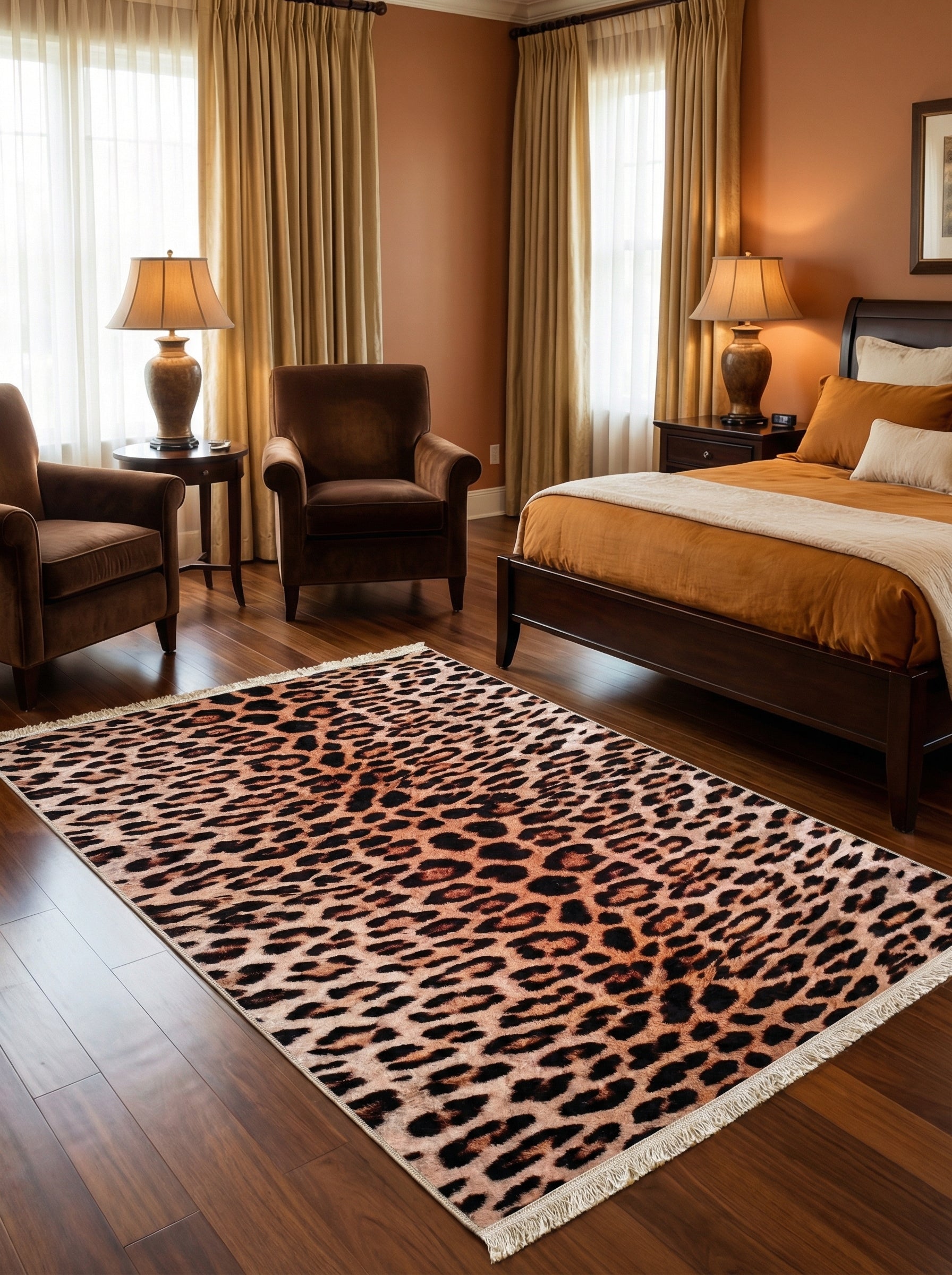 Tapis rectangulaire à motif léopard avec des taches noires sur fond fauve, bordé de franges, sur un parquet dans une chambre