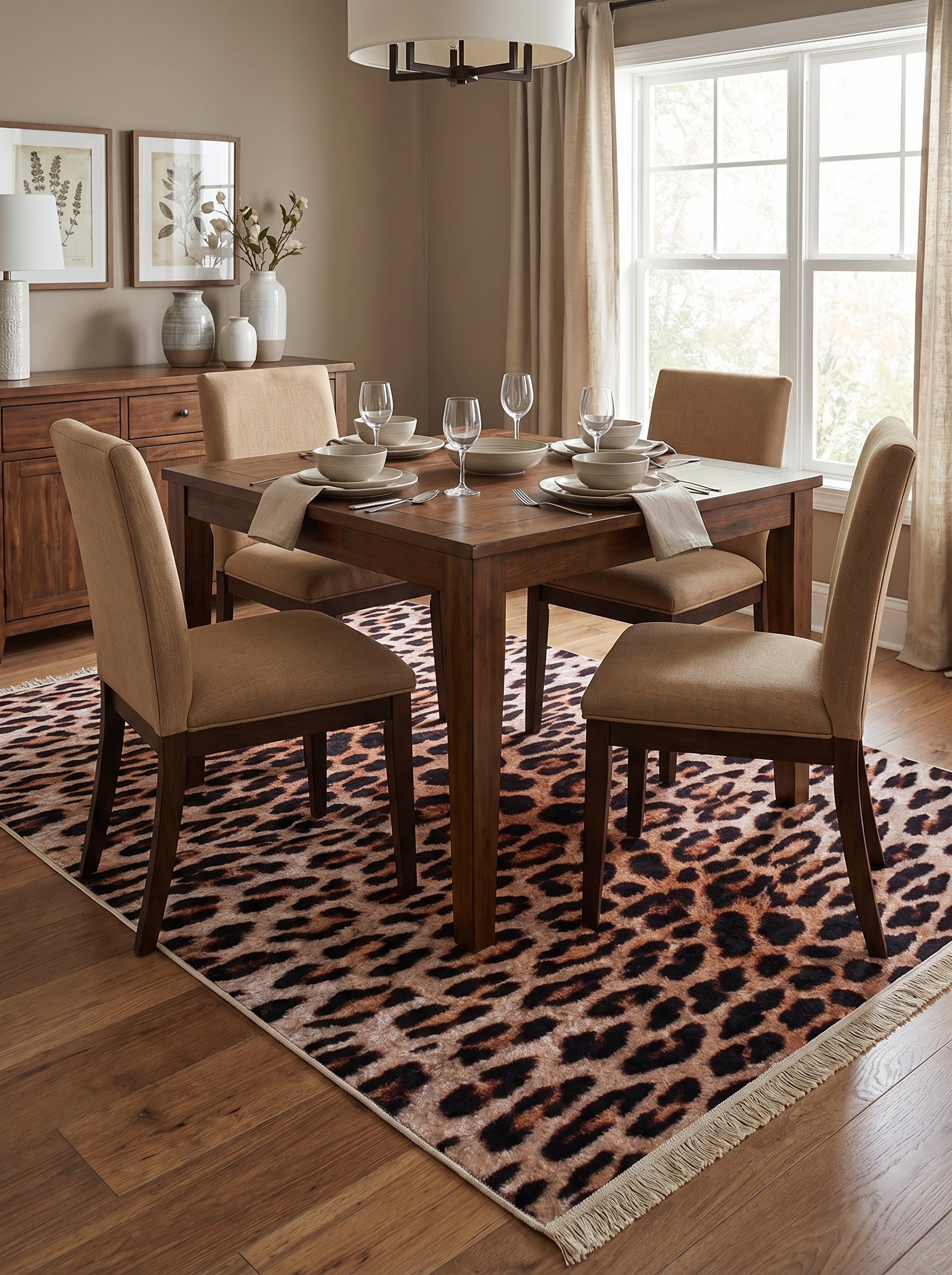 Tapis rectangulaire aux motifs léopard noirs et marron sur fond beige avec des franges claires, posé sous une table de salle à manger en bois
