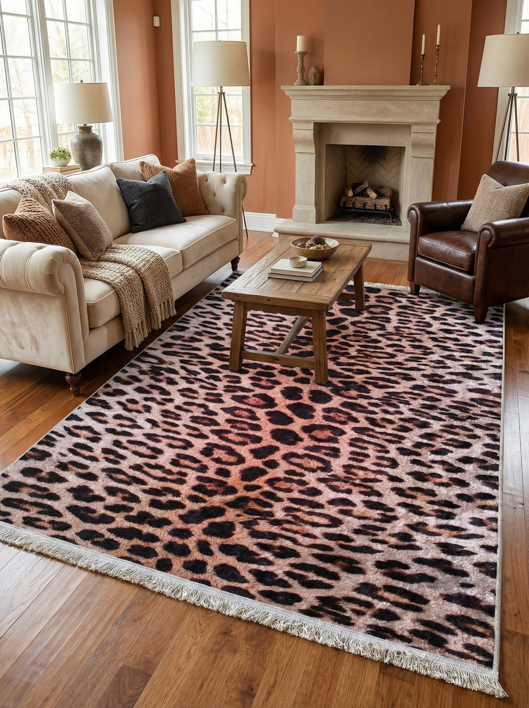 Grand tapis rectangulaire en fausse fourrure à motif léopard avec un fond beige rosé et des taches noires aux reflets bruns, bordé de franges claires, dans un salon chaleureux