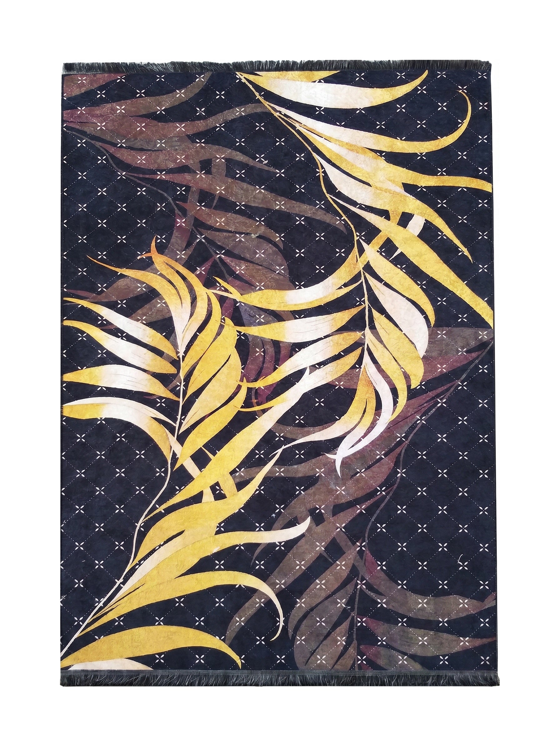 Tapis bleu marine avec de grandes feuilles stylisées jaunes, crème et brunes, sur un motif géométrique de croix blanches, bordé de franges