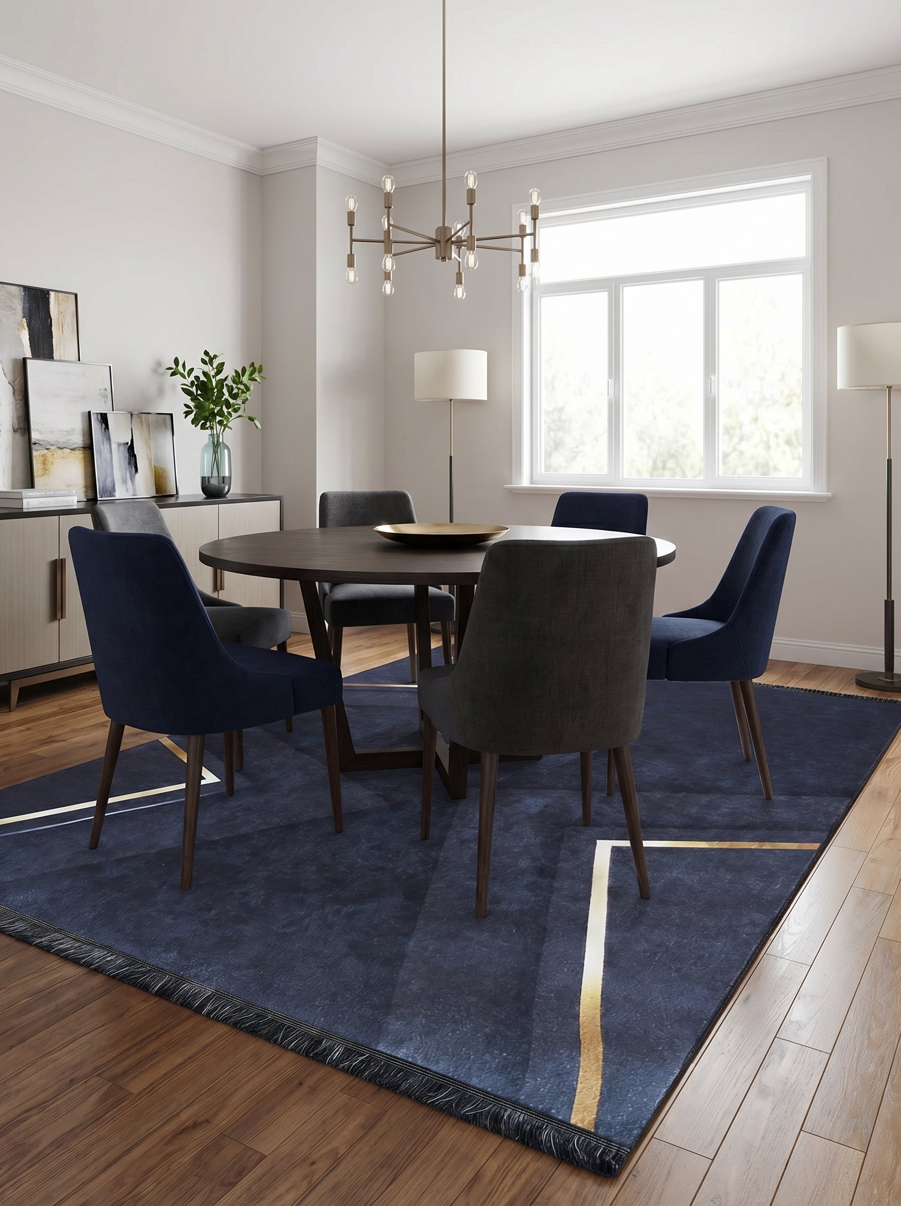 Tapis rectangulaire bleu marine à l'aspect texturé, rehaussé de lignes géométriques dorées, avec des franges, dans une salle à manger