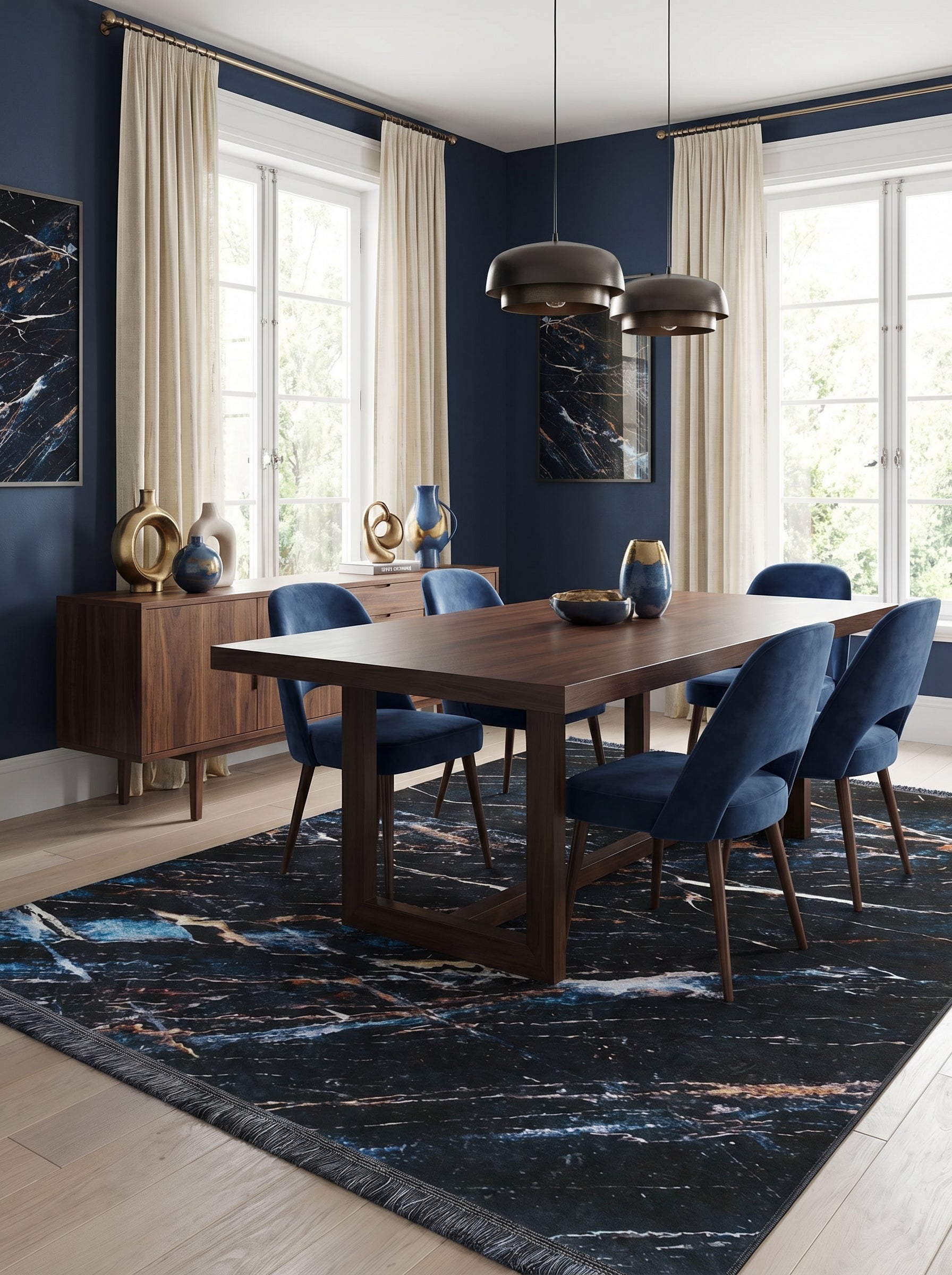 Tapis rectangulaire noir avec des motifs marbrés bleus, blancs et dorés, et des franges, dans une salle à manger