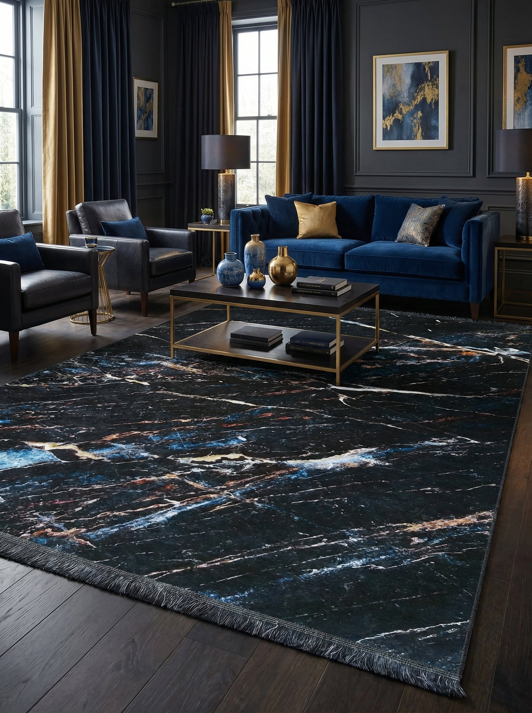 Tapis rectangulaire à fond noir marbré de veinures blanches, bleues et dorées, avec des franges claires, posé dans un salon moderne aux teintes sombres