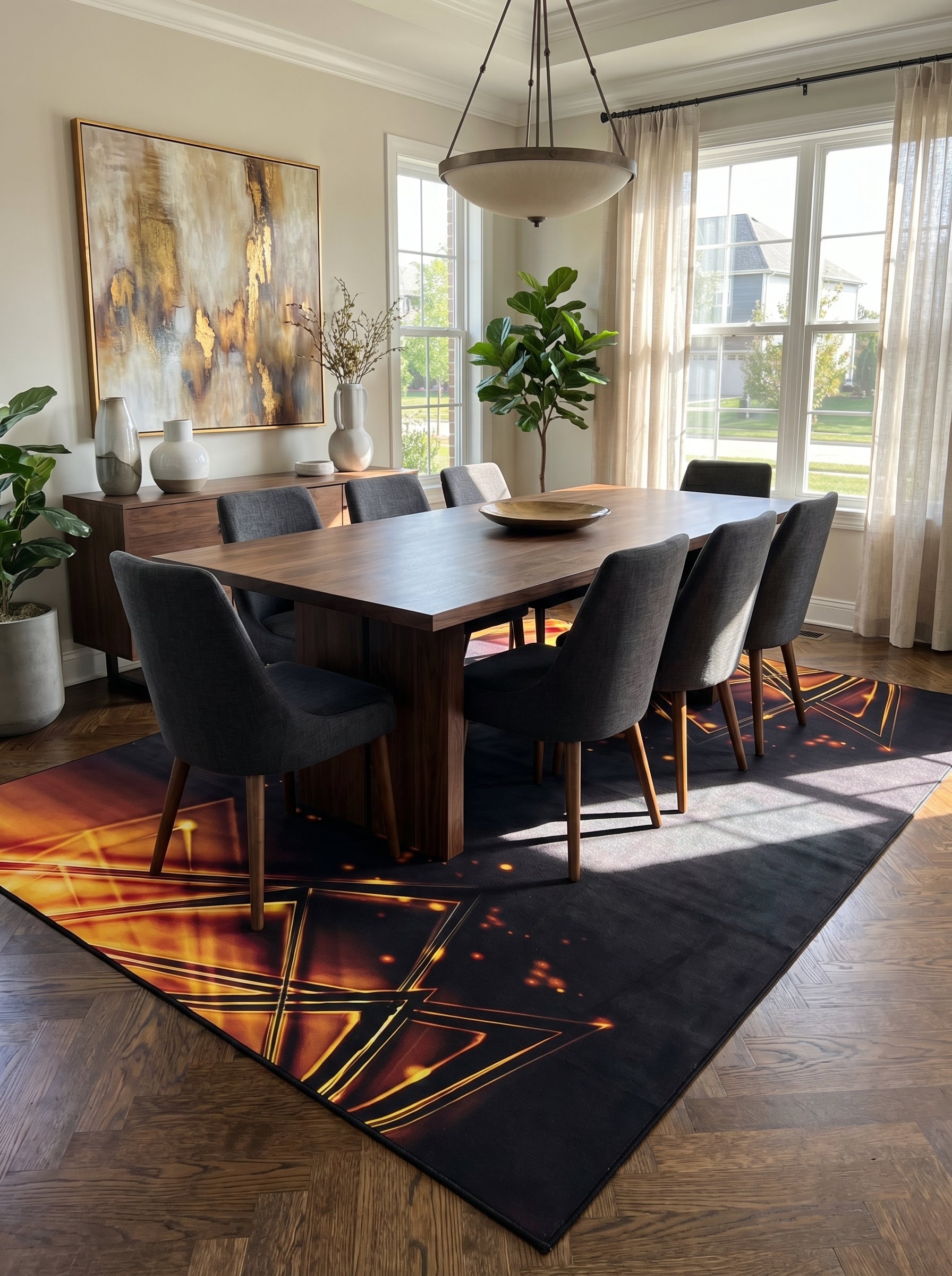 Tapis rectangulaire sombre orné de motifs géométriques lumineux orange et or, dans une salle à manger moderne