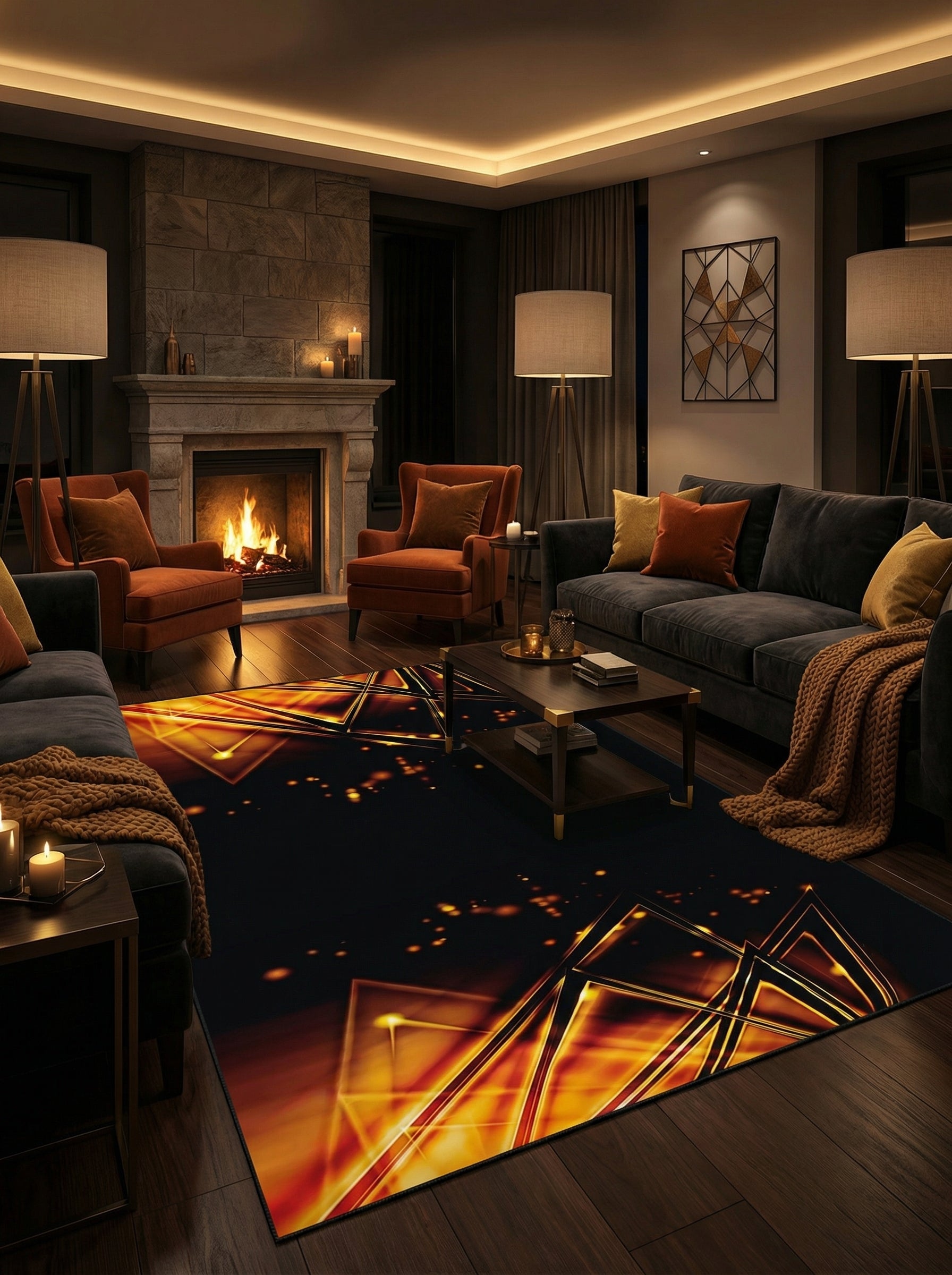 Tapis rectangulaire noir avec motifs géométriques lumineux orange et or éclatants, posé dans un salon chaleureux