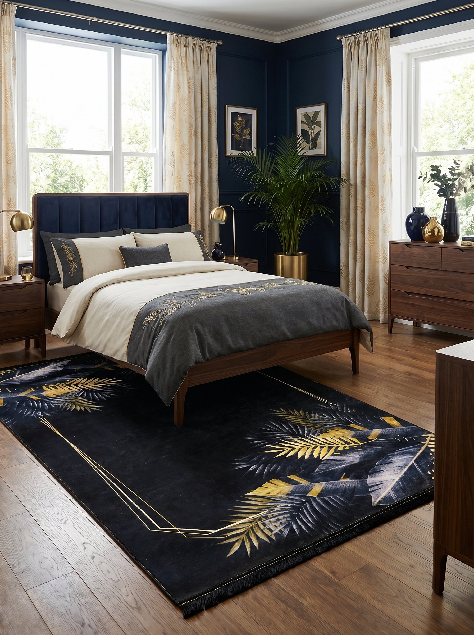 Tapis rectangulaire bleu foncé à poils ras, motifs de feuilles tropicales dorées et grises, lignes géométriques dorées, franges, dans une chambre