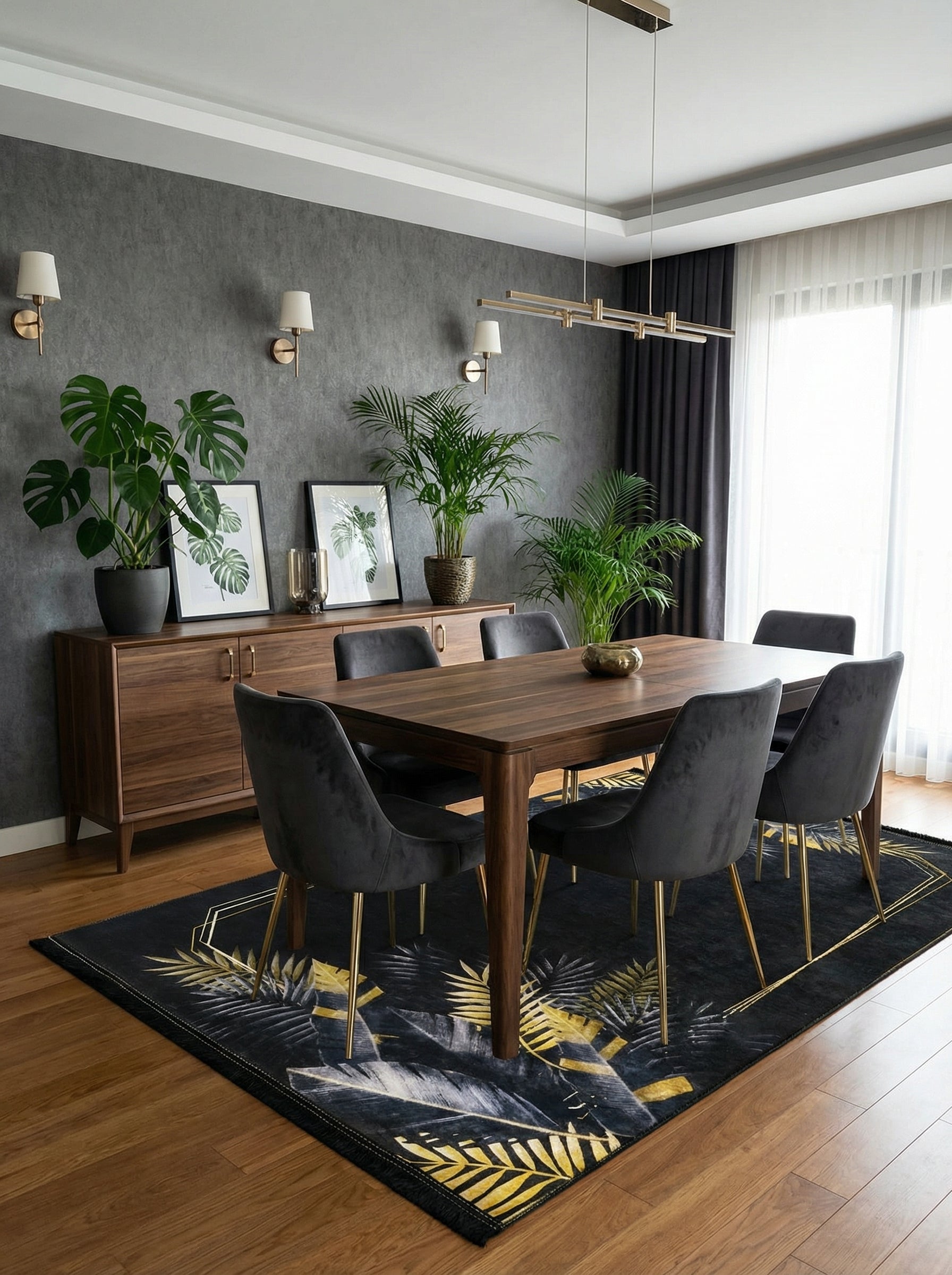 Tapis rectangulaire en tissu noir à motifs de grandes feuilles tropicales dorées et claires, avec des lignes géométriques, dans une salle à manger élégante
