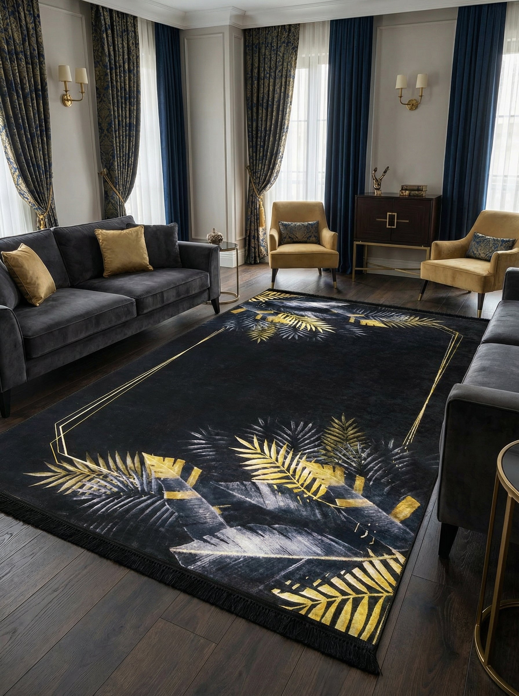 Grand tapis rectangulaire noir à motifs de feuilles tropicales or et grises, avec une bordure géométrique dorée, dans un salon chic