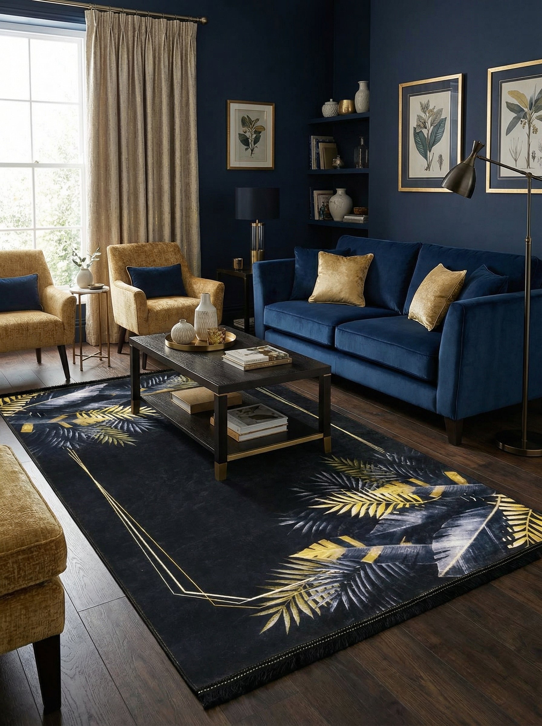 Tapis rectangulaire en velours noir à grands motifs de feuilles tropicales dorées et grises, avec des lignes géométriques, dans un salon chic