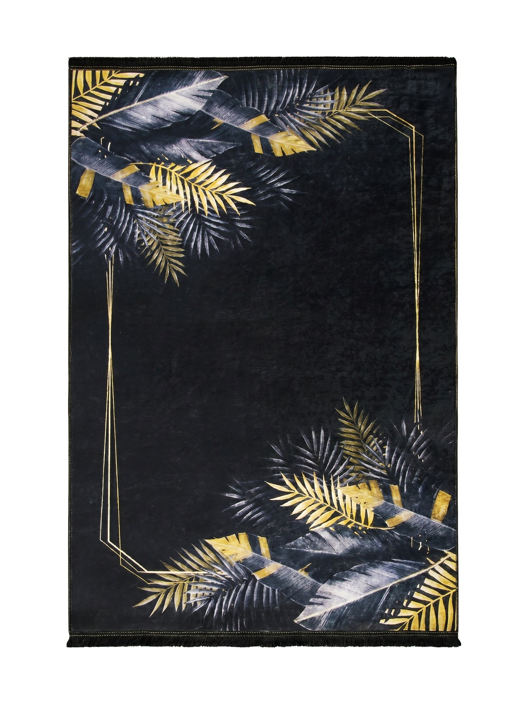 Tapis rectangulaire noir orné de feuilles de palmier dorées et grises, avec un cadre géométrique doré et des franges noires