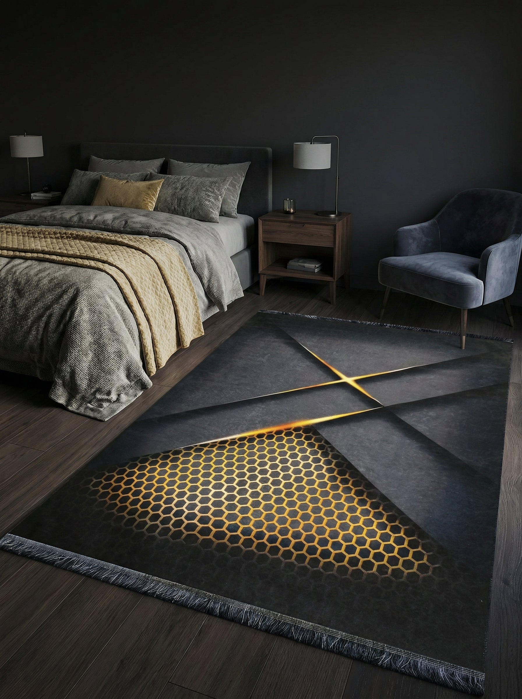 Tapis rectangulaire gris anthracite à motifs géométriques et nid d'abeille doré lumineux, posé dans une chambre moderne
