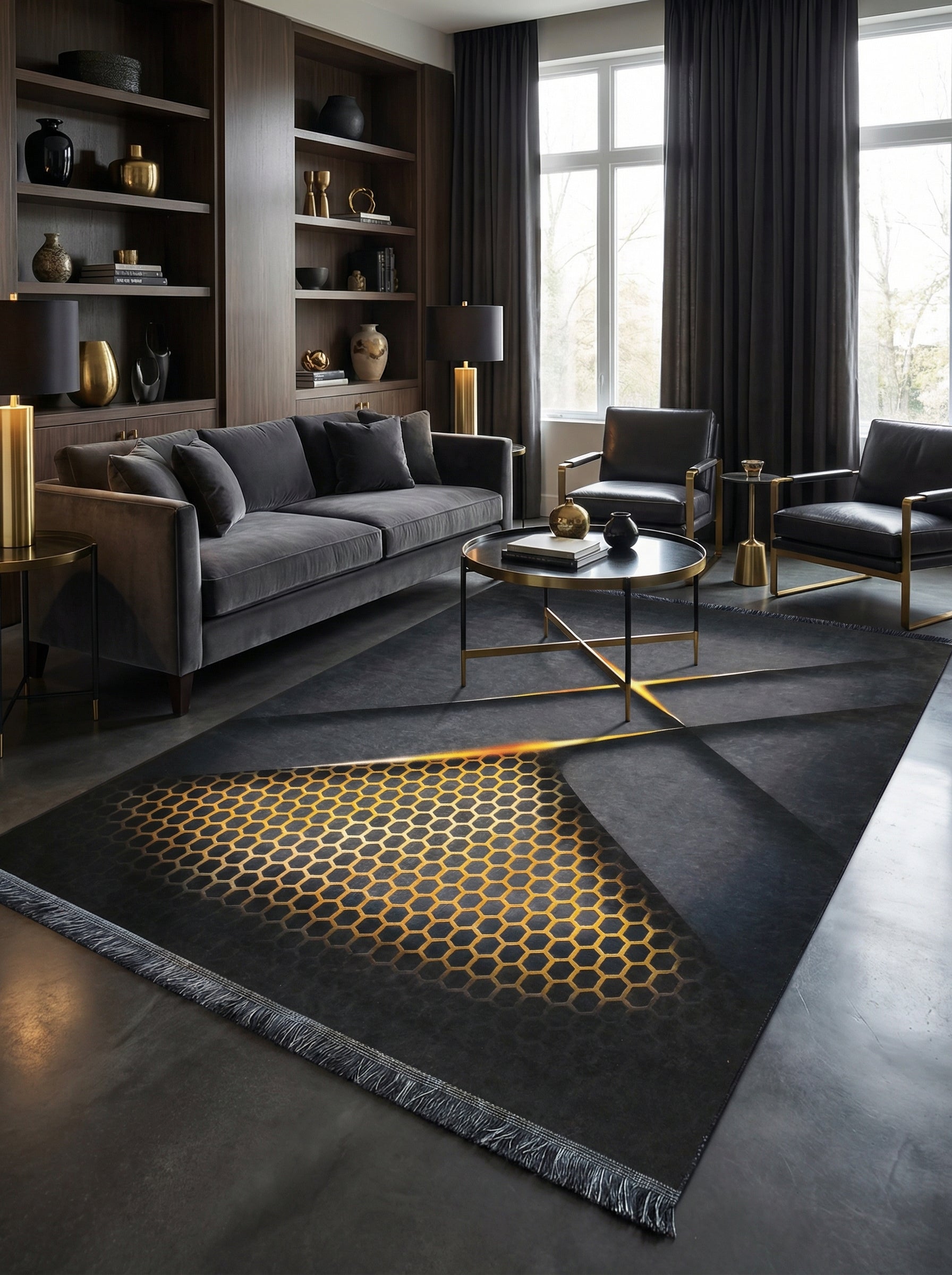 Tapis rectangulaire gris foncé orné d'un motif hexagonal doré lumineux sur une section, dans un salon moderne