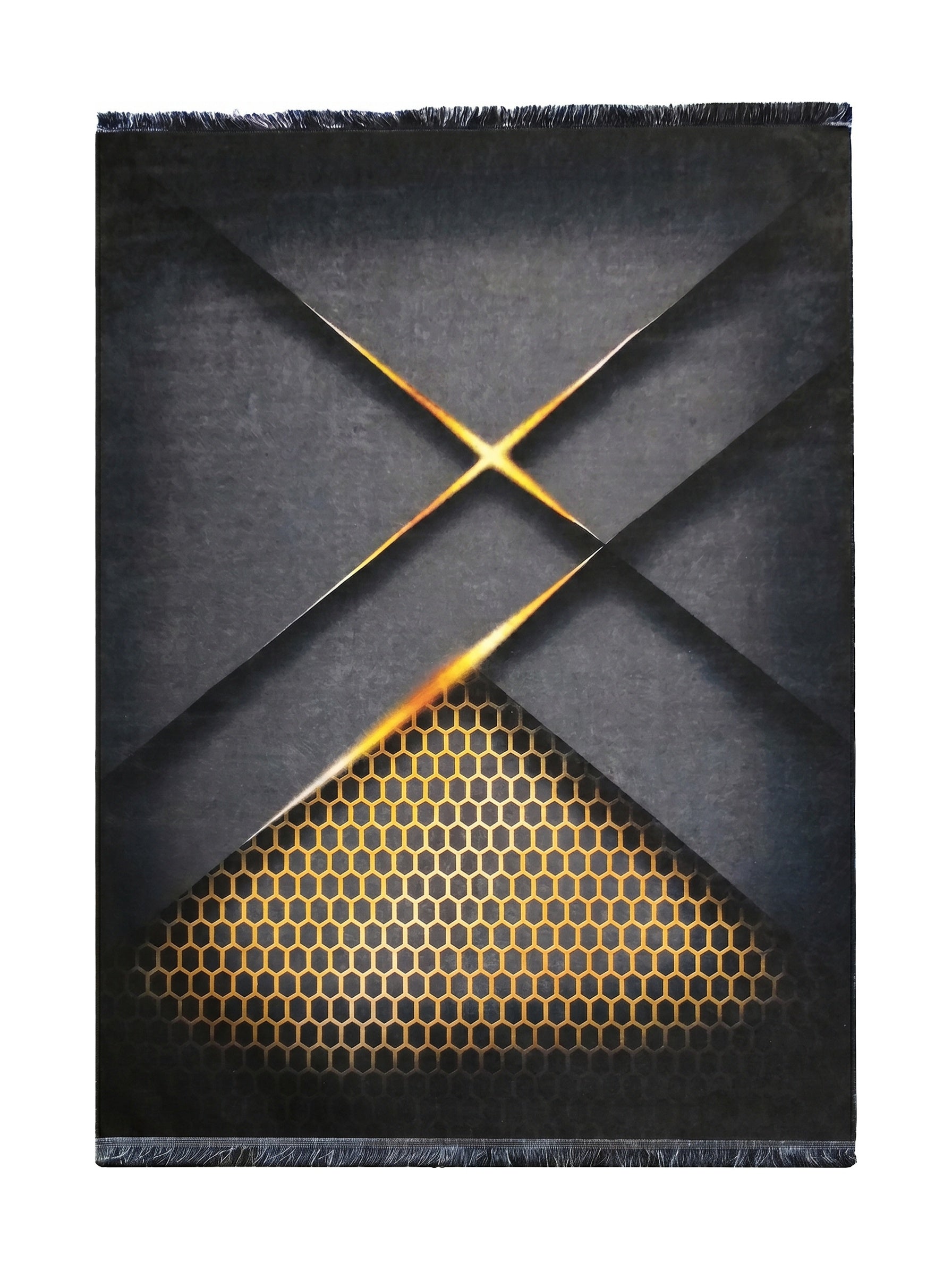 Tapis texturé gris foncé et noir avec des motifs lumineux orangés, notamment des lignes diagonales et un motif nid d'abeille