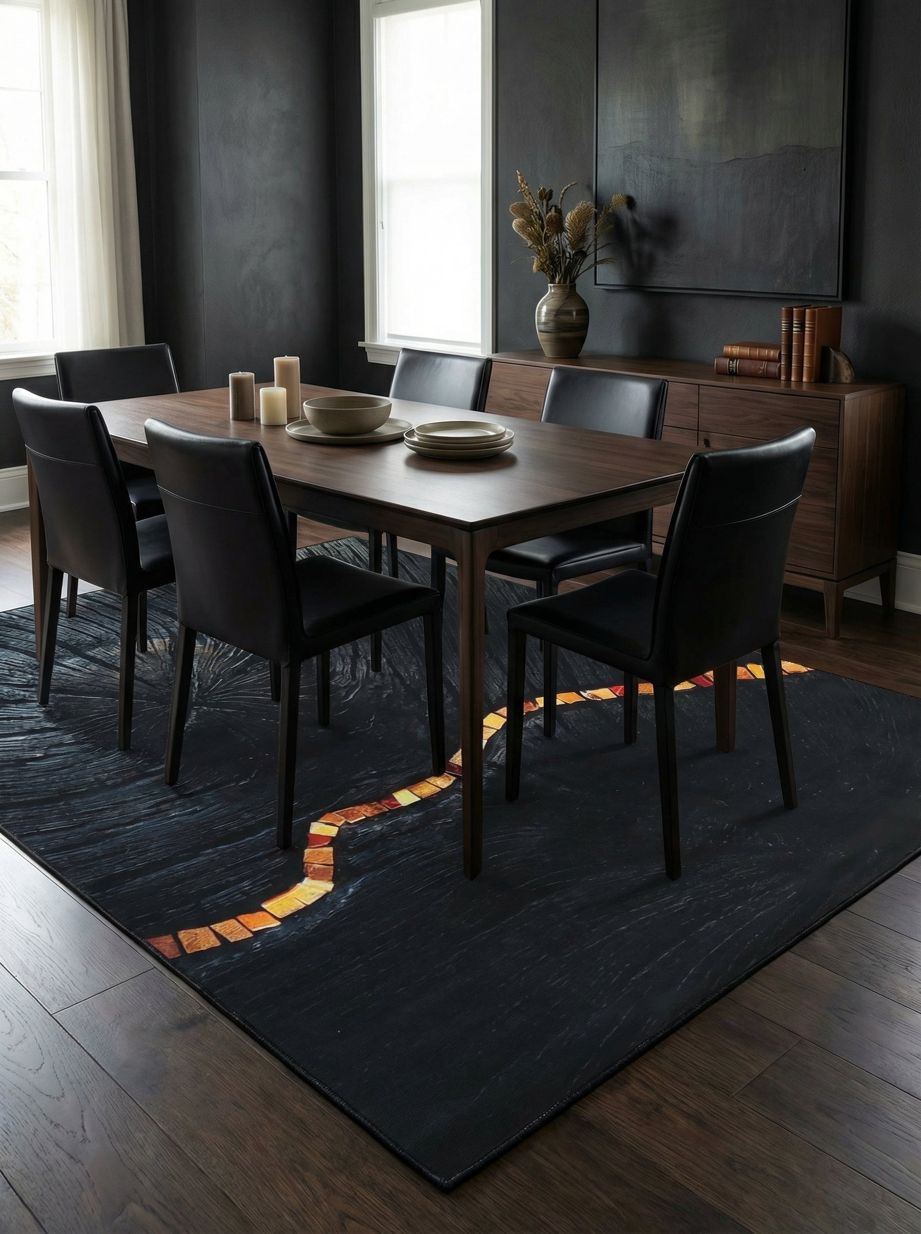 Tapis rectangulaire sombre, à l'aspect strié, avec un chemin sinueux lumineux de carreaux orange et or. Il est placé dans une salle à manger élégante