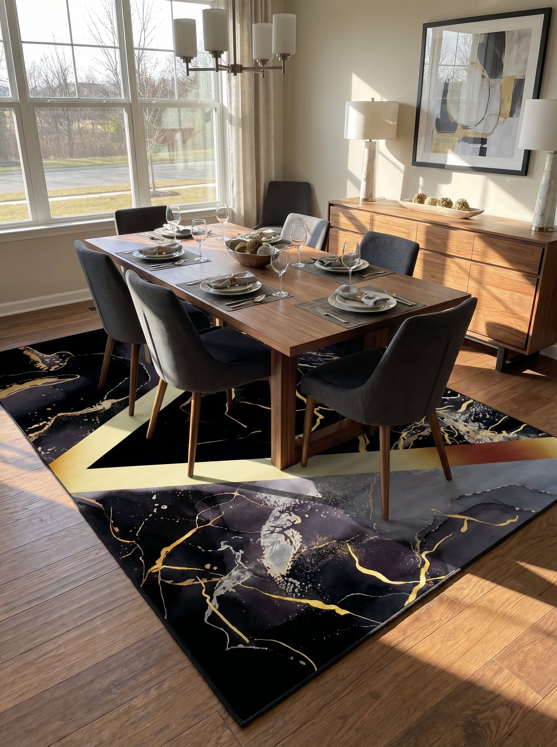 Grand tapis rectangulaire noir aux motifs abstraits dorés, gris et bronze, posé sous une table dans une salle à manger