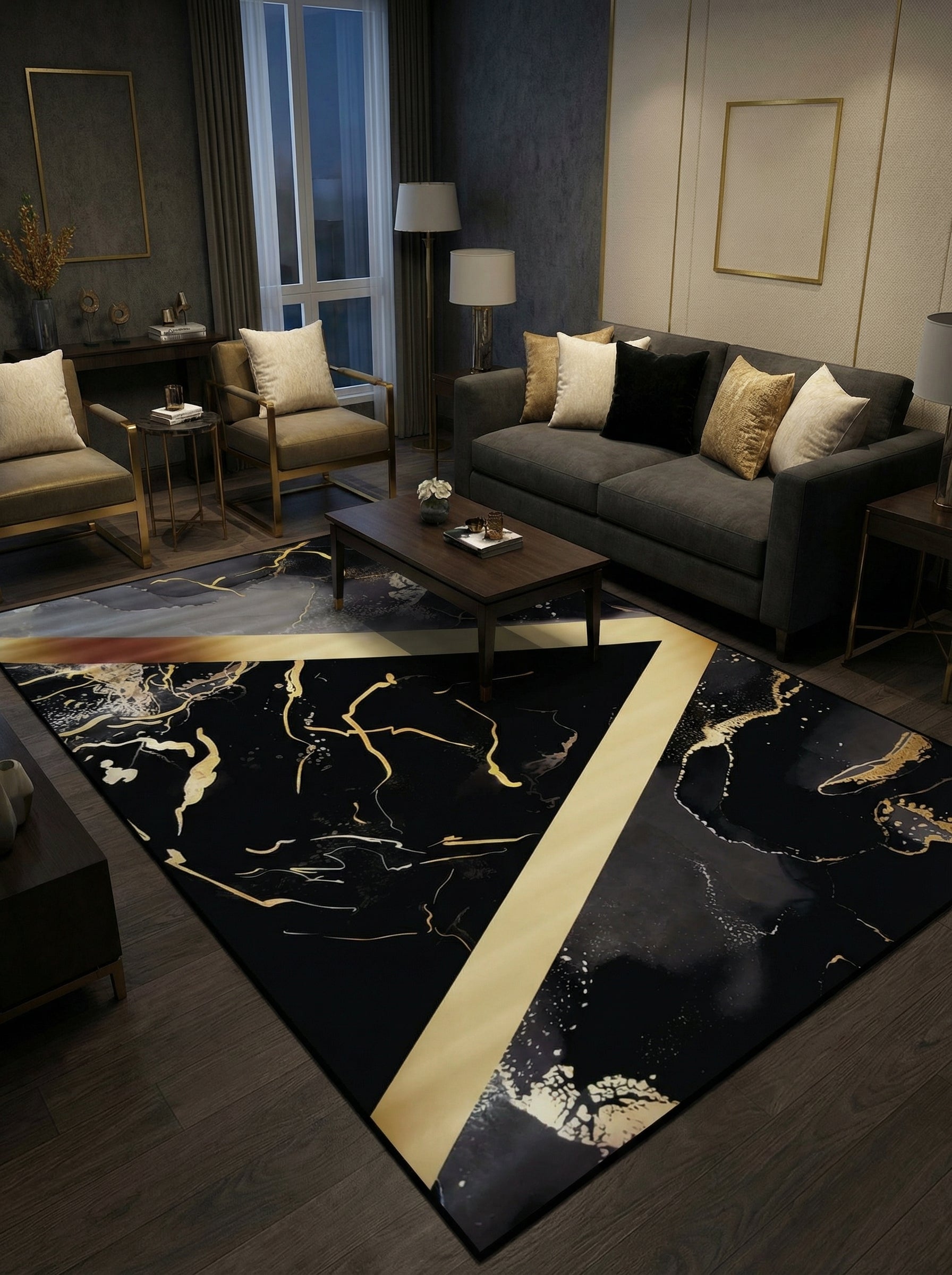 Tapis rectangulaire noir et or, orné de motifs abstraits marbrés et d'une large bande diagonale dorée, dans un salon moderne