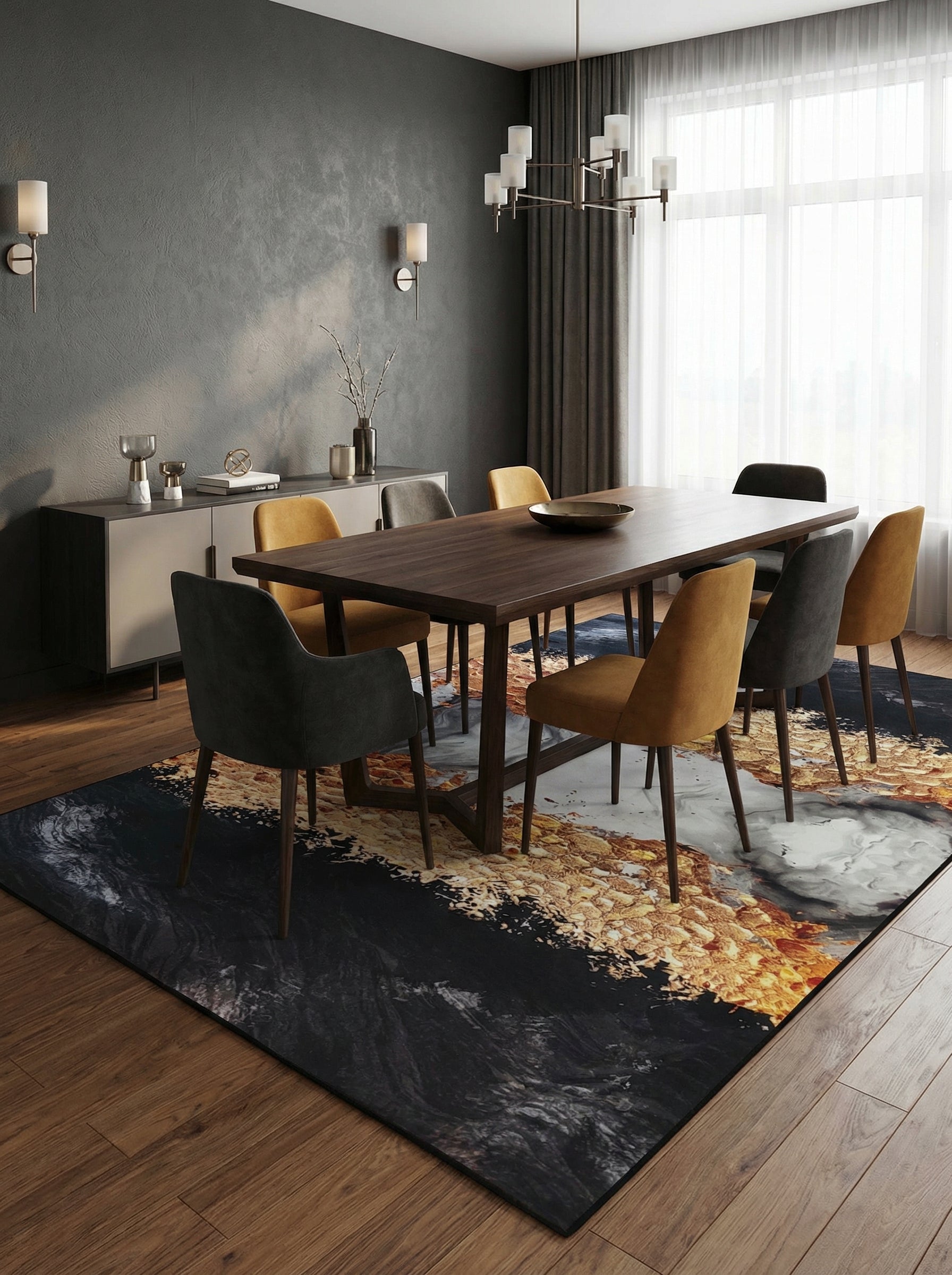 Tapis rectangulaire aux motifs abstraits noirs, dorés et gris marbré, couvrant le sol sous une table dans une salle à manger