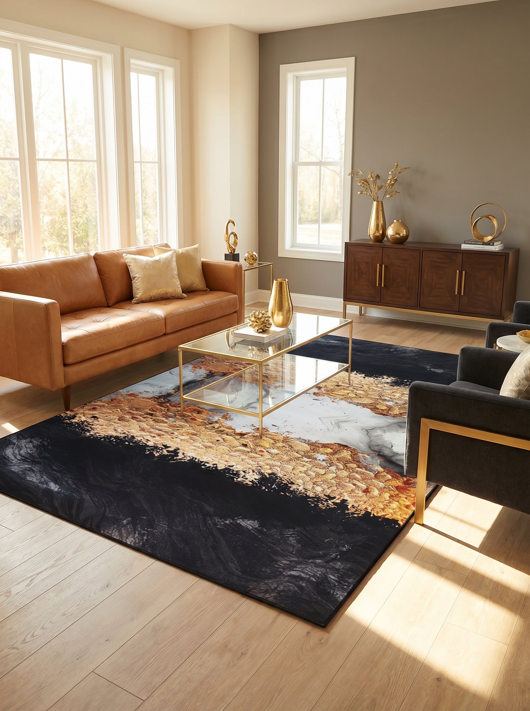 Tapis rectangulaire abstrait aux motifs noirs et or texturé, avec des touches de gris marbré, posé dans un salon moderne