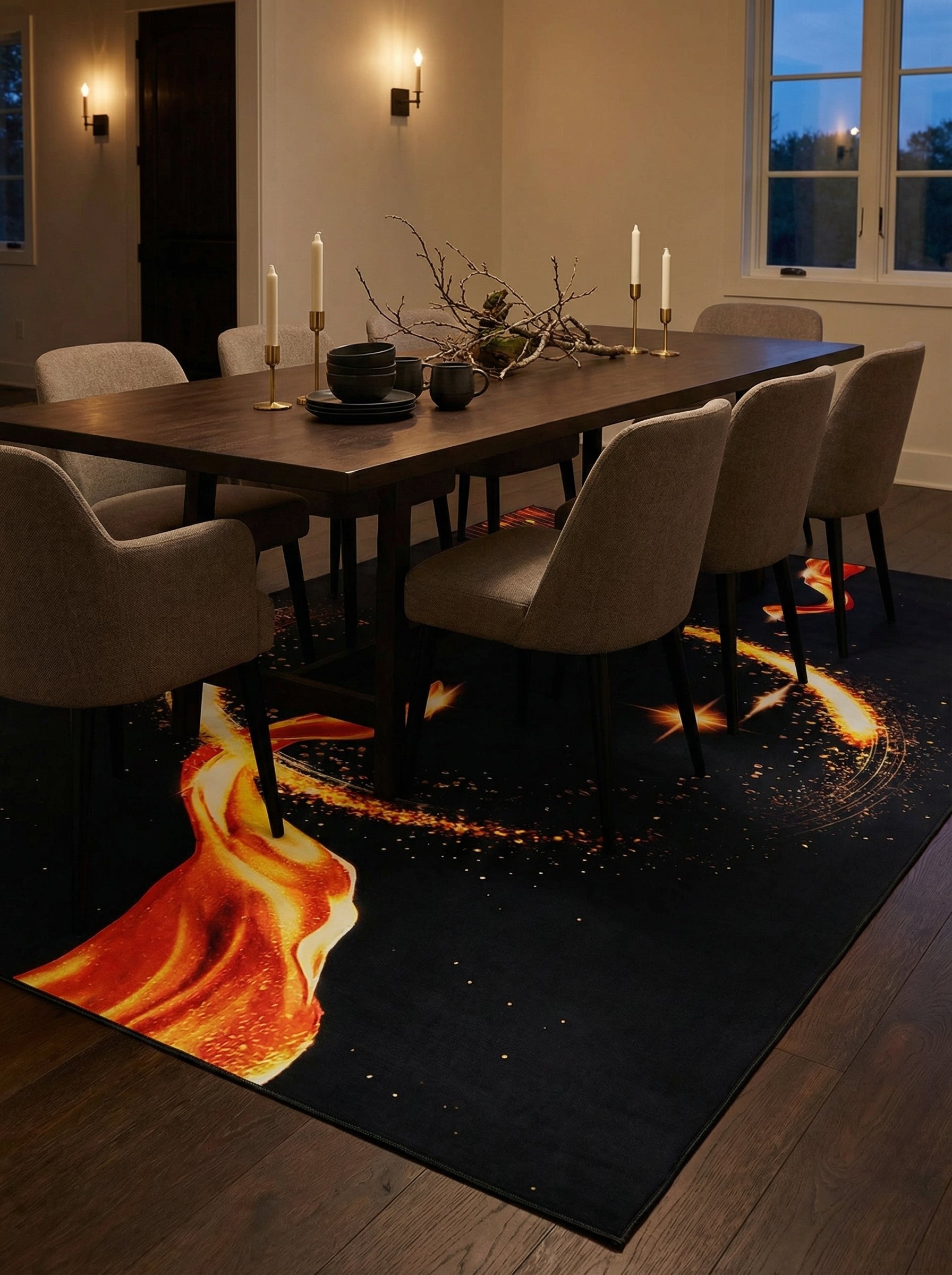 Tapis rectangulaire noir avec motif de flammes éclatantes rouge et or, et d'étincelles dorées, sous une table de salle à manger