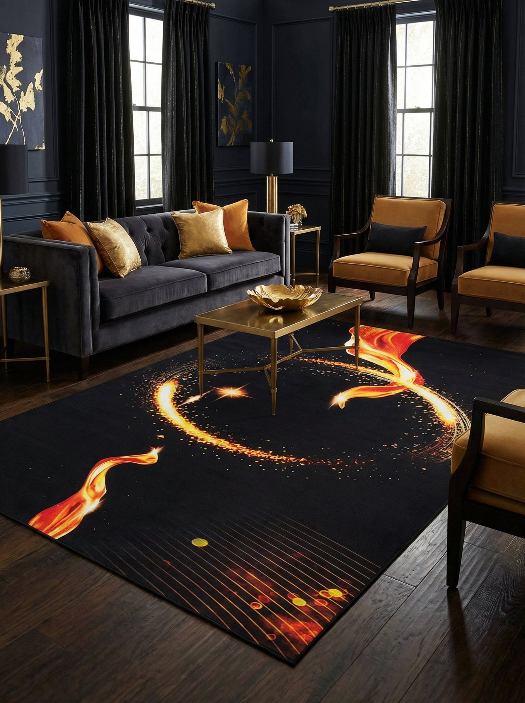 Tapis noir à motifs de feu et d'étincelles orange et or, incluant un large arc lumineux, au centre d'un salon sombre