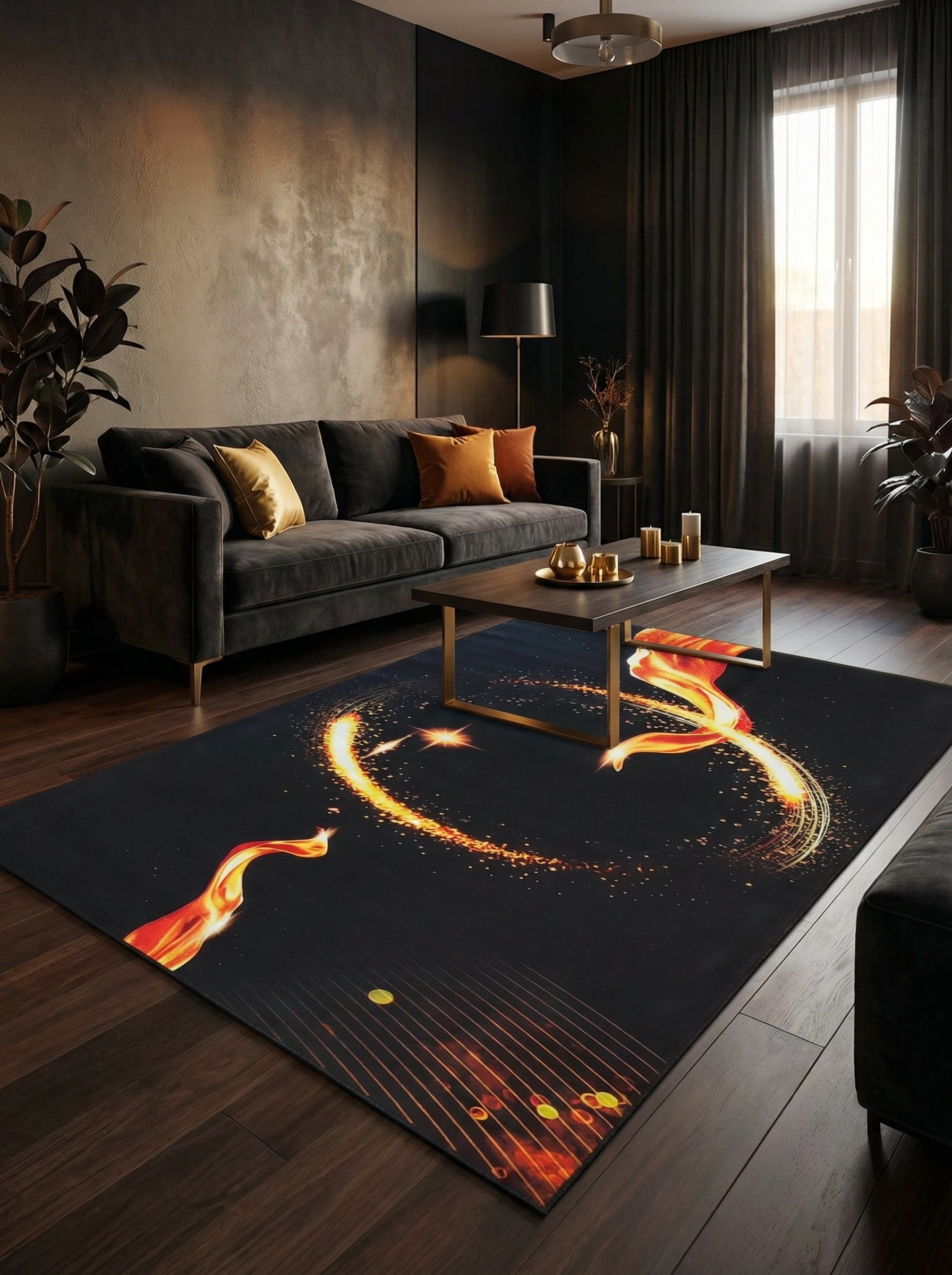 Tapis rectangulaire noir orné de motifs flamboyants oranges et dorés évoquant des traînées de lumière et de feu, posé dans un salon moderne
