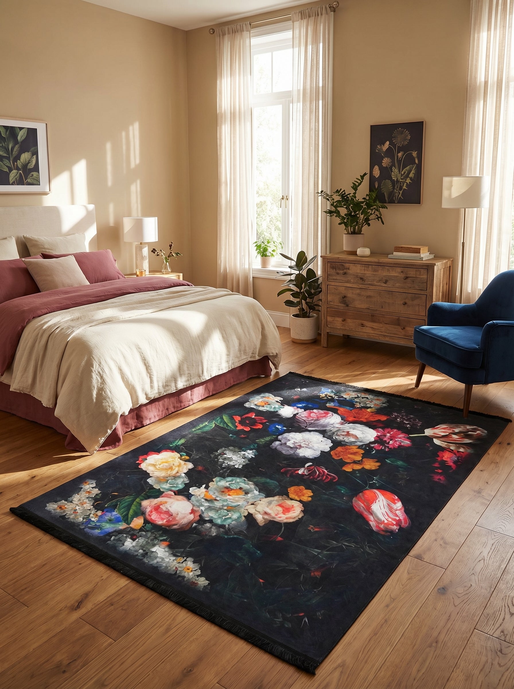 Tapis rectangulaire à franges, richement fleuri de roses, tulipes et pivoines aux couleurs vives sur un fond noir, dans une chambre