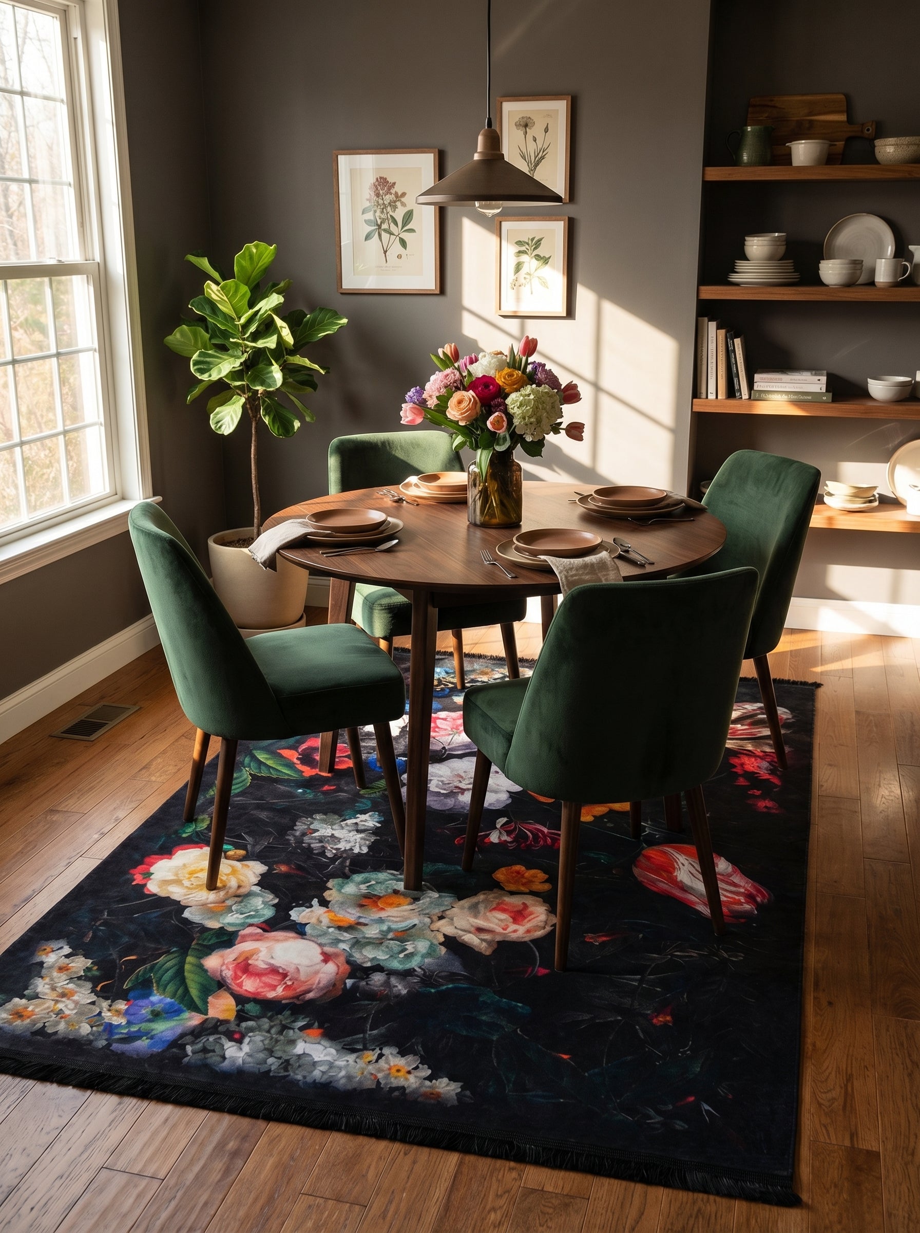 Tapis rectangulaire à fond noir orné de grandes fleurs vives multicolores, avec franges, sous une table de salle à manger