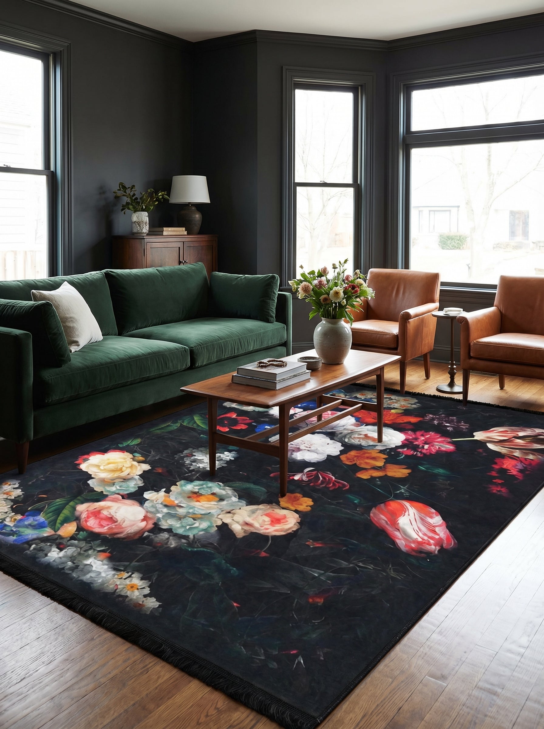 Tapis velouté rectangulaire noir orné de motifs floraux éclatants aux couleurs vives dans un salon élégant