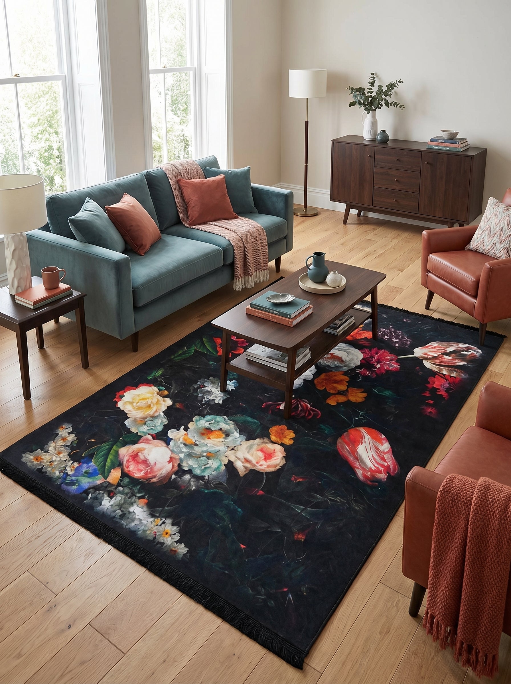 Grand tapis rectangulaire sombre à motif floral luxuriant avec des roses et tulipes multicolores, dans un salon lumineux