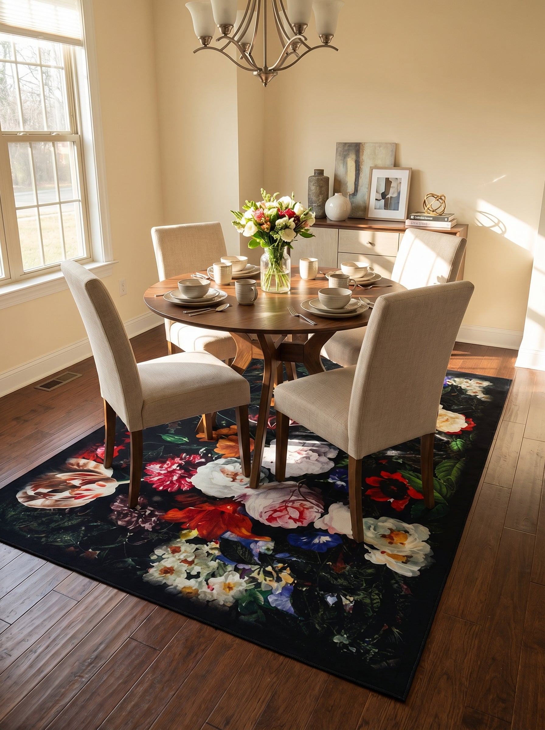 Tapis rectangulaire moelleux à fond noir orné de grands motifs floraux multicolores vifs sous une table à manger