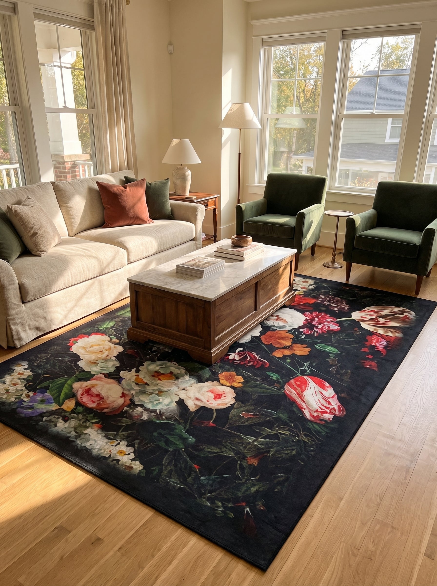 Tapis rectangulaire à fond sombre orné de grandes fleurs vives roses, blanches, rouges et oranges, dans un salon lumineux
