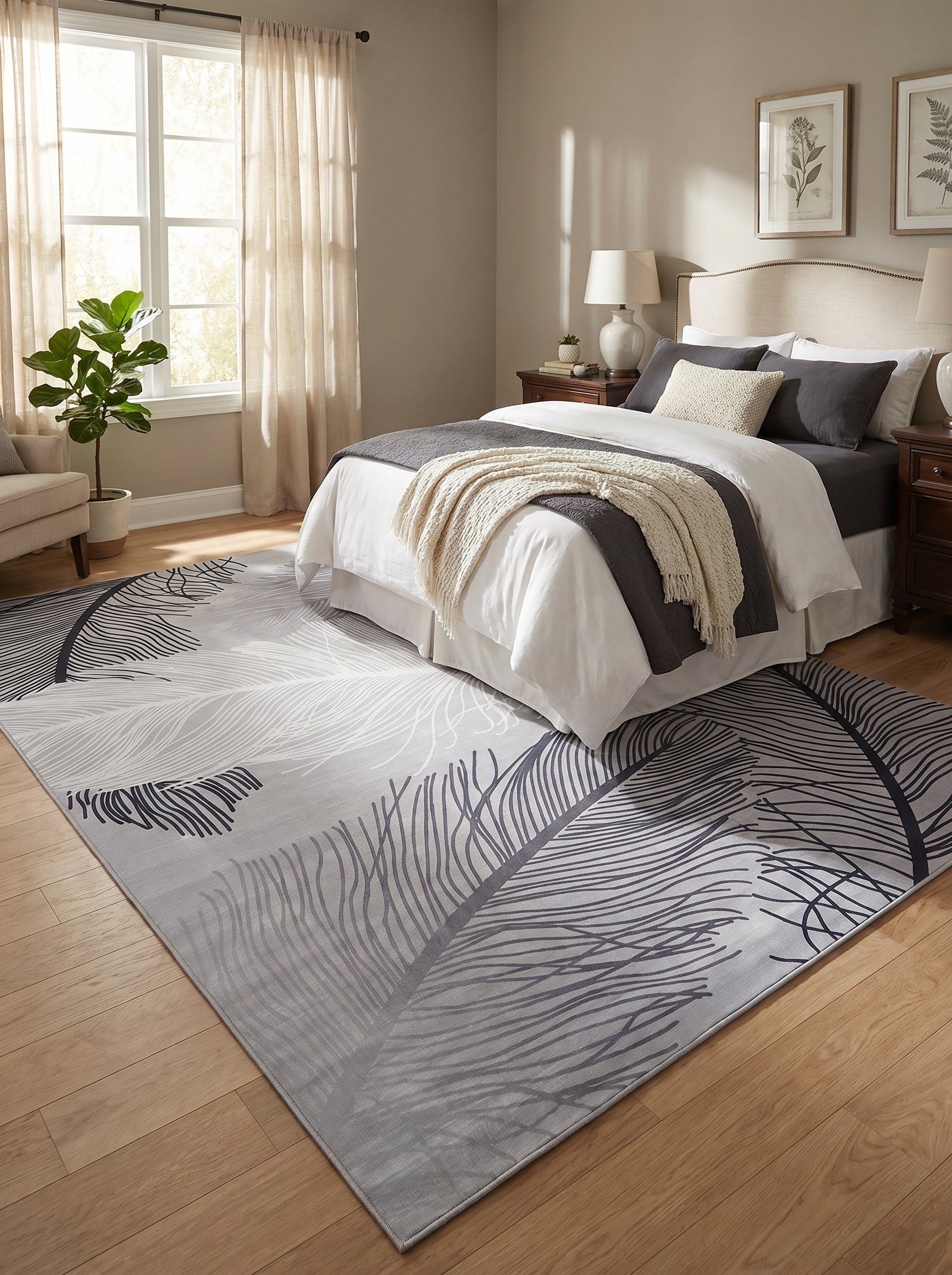 Tapis rectangulaire gris dégradé avec motifs de grandes plumes stylisées blanches et anthracite, sur le parquet d'une chambre