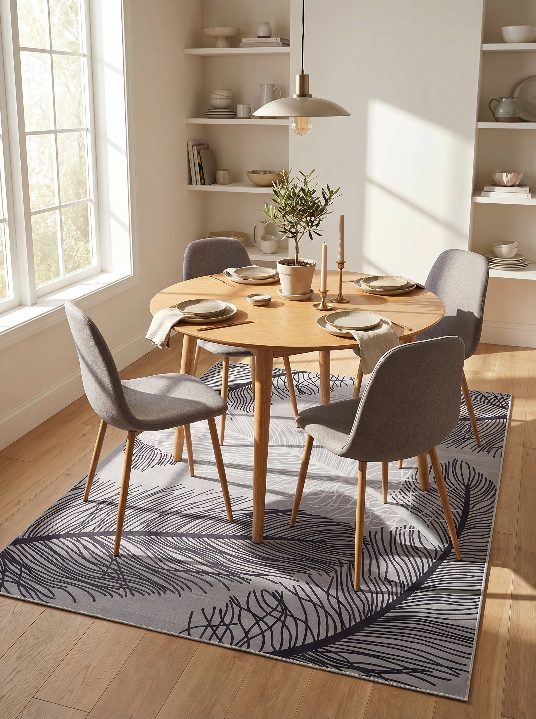 Tapis rectangulaire gris clair à motifs de plumes stylisées gris foncé et blanc, sous une table dans une salle à manger lumineuse