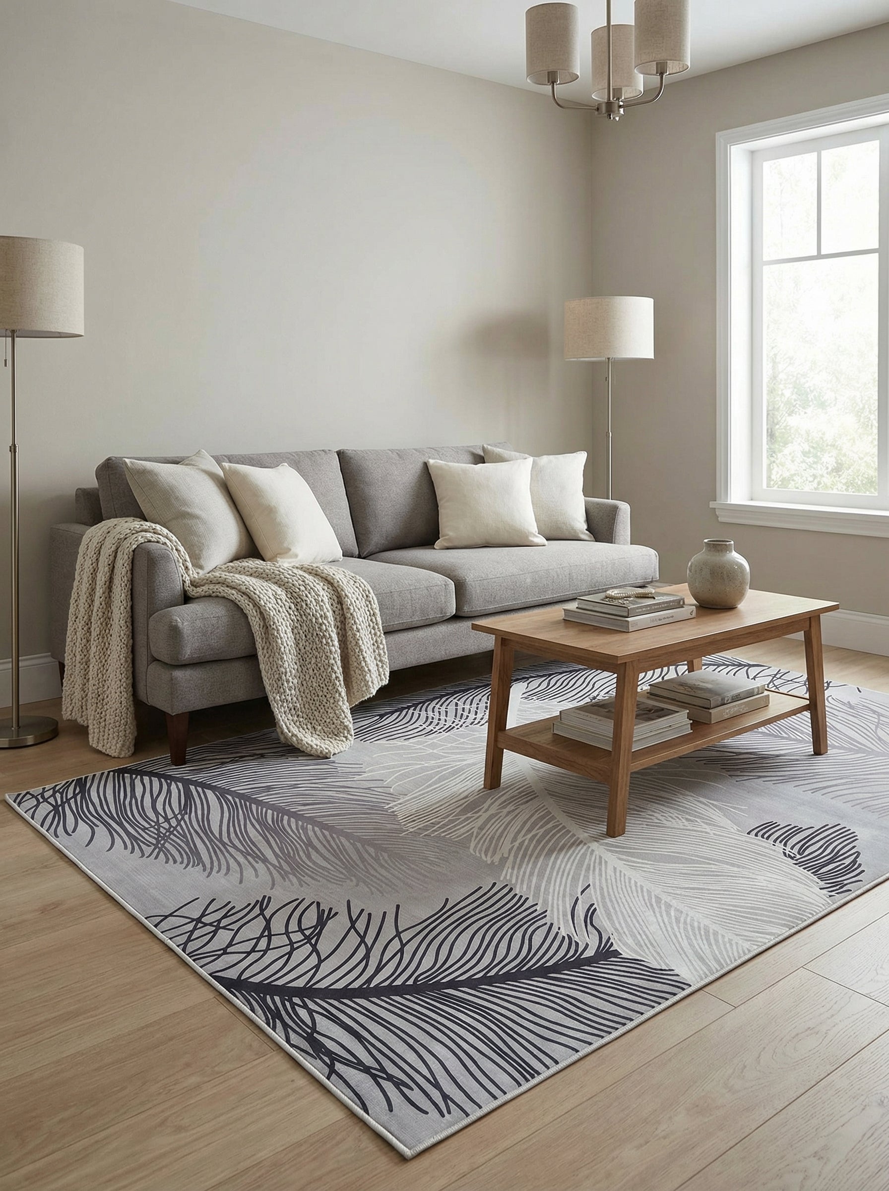 Tapis rectangulaire avec de grands motifs de plumes stylisées en nuances de gris et de blanc, dans un salon contemporain