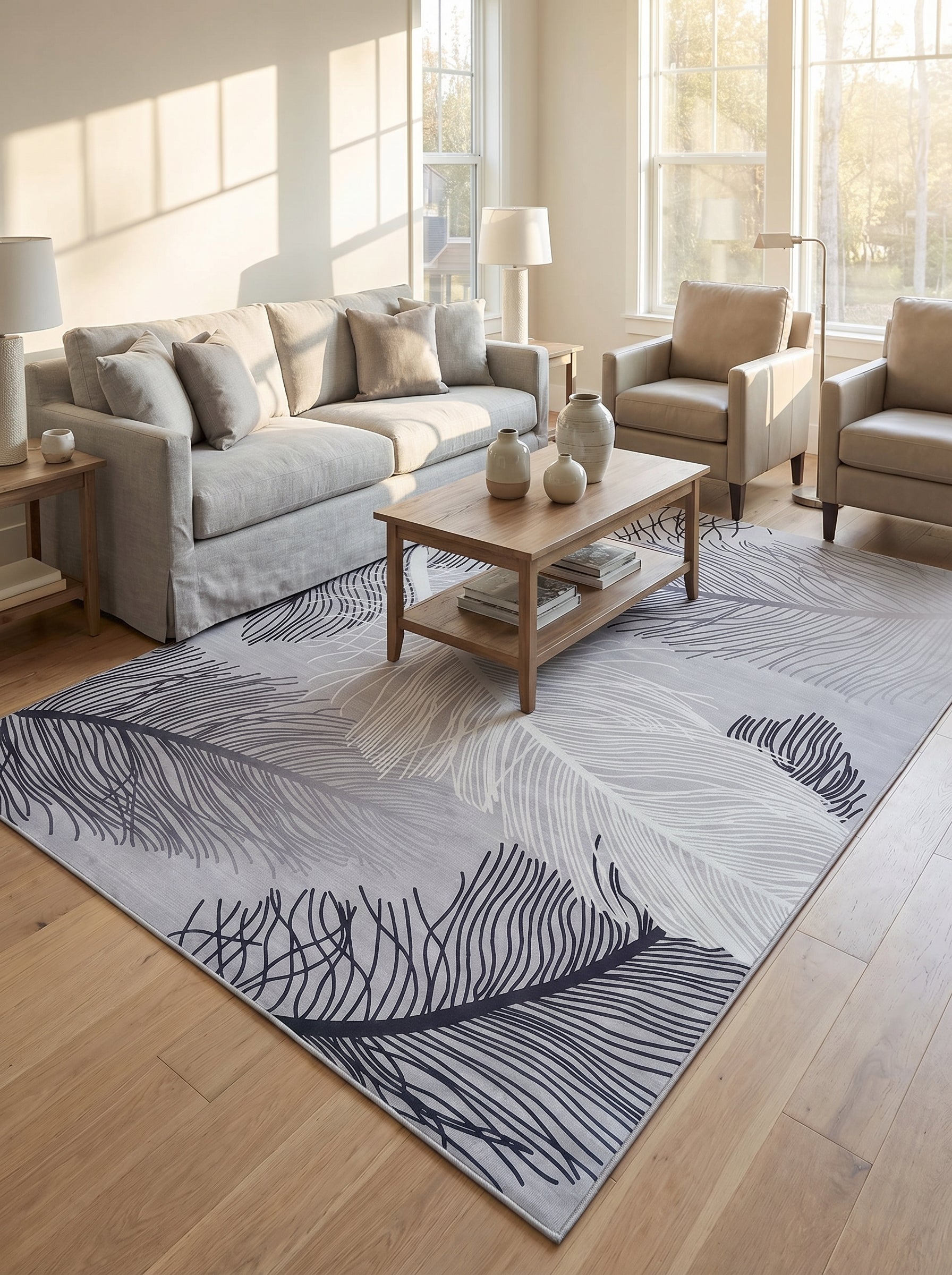 Tapis rectangulaire gris clair orné de motifs de grandes plumes stylisées en camaïeu de gris et blanc, sur parquet dans un salon