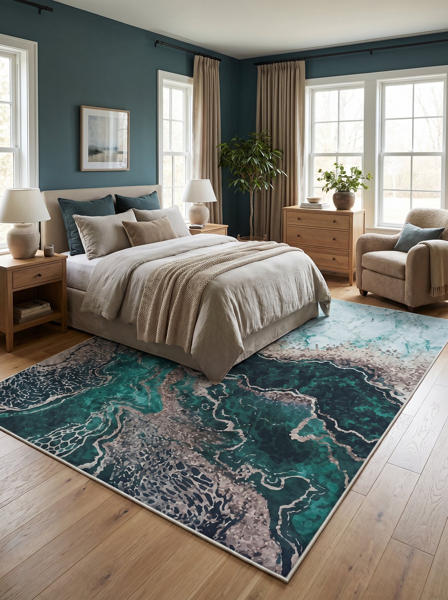Tapis rectangulaire aux motifs abstraits vert émeraude, bleu sarcelle et gris, évoquant des flots. Il décore une chambre moderne