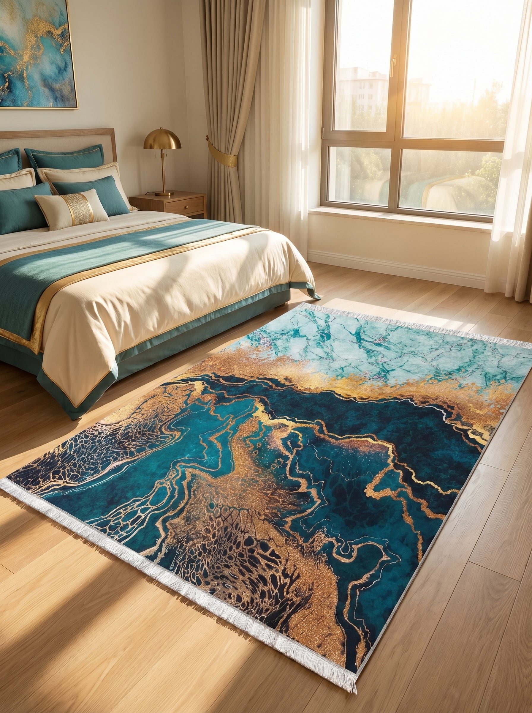 Tapis rectangulaire abstrait marbré bleu sarcelle, turquoise et or étincelant sur un parquet clair dans une chambre