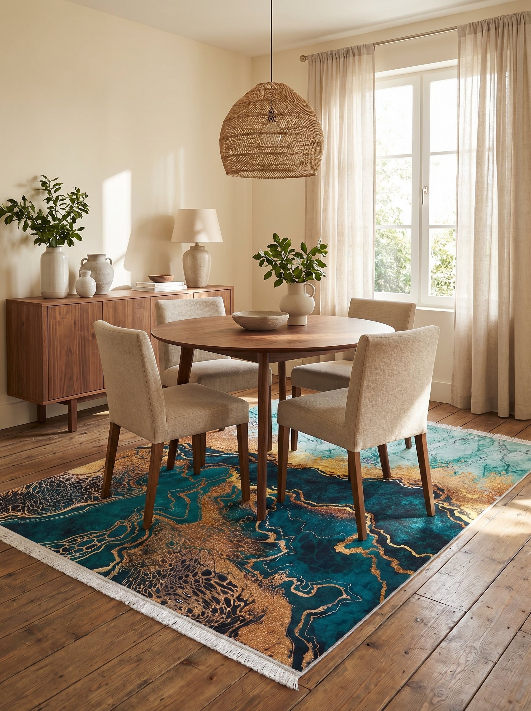 Tapis rectangulaire aux motifs fluides turquoise, bleu foncé et or, avec franges, sous une table de salle à manger