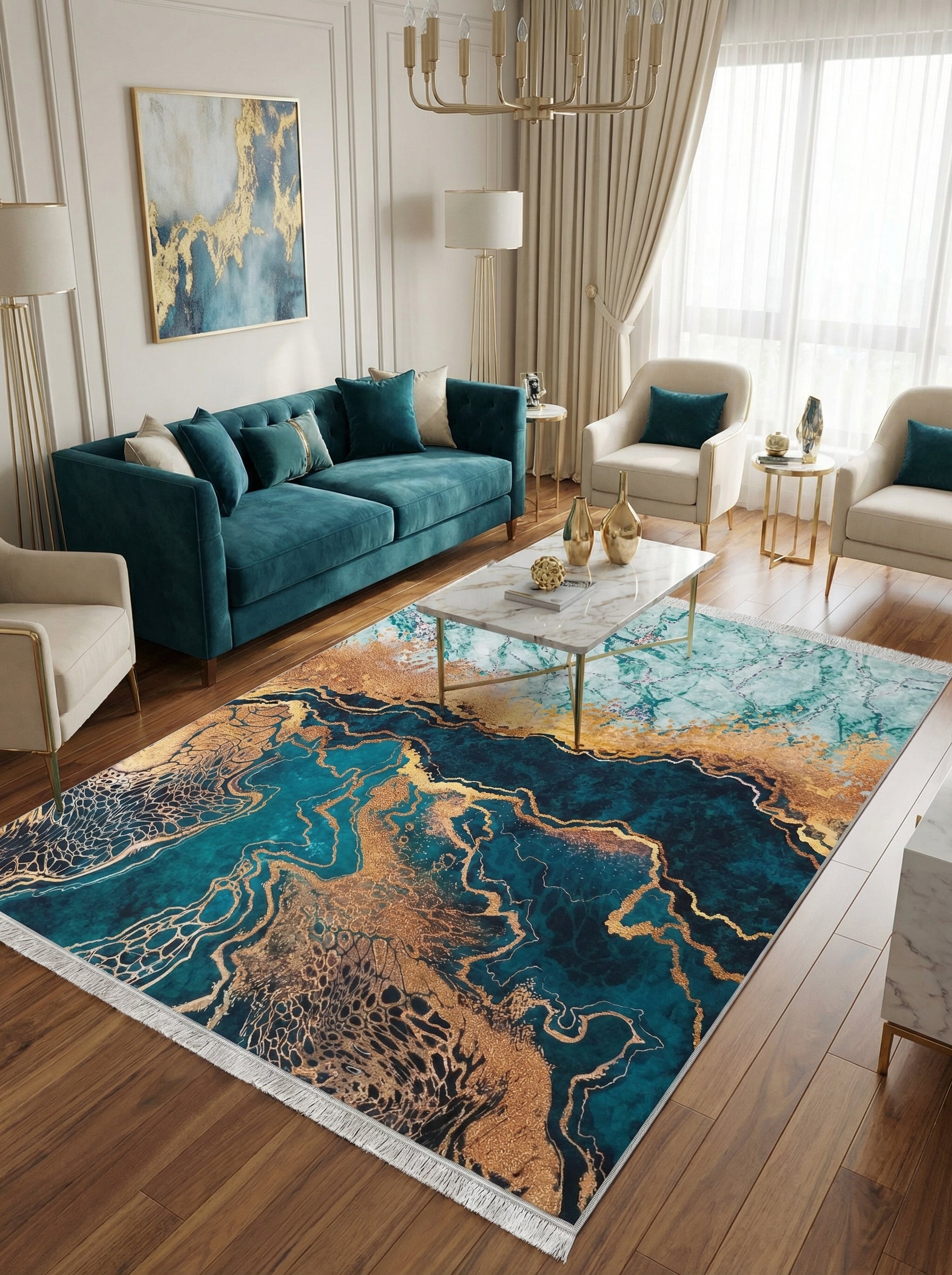 Tapis rectangulaire abstrait aux motifs de marbrures dorées et vagues de turquoise profond, posé sur un parquet dans un salon moderne