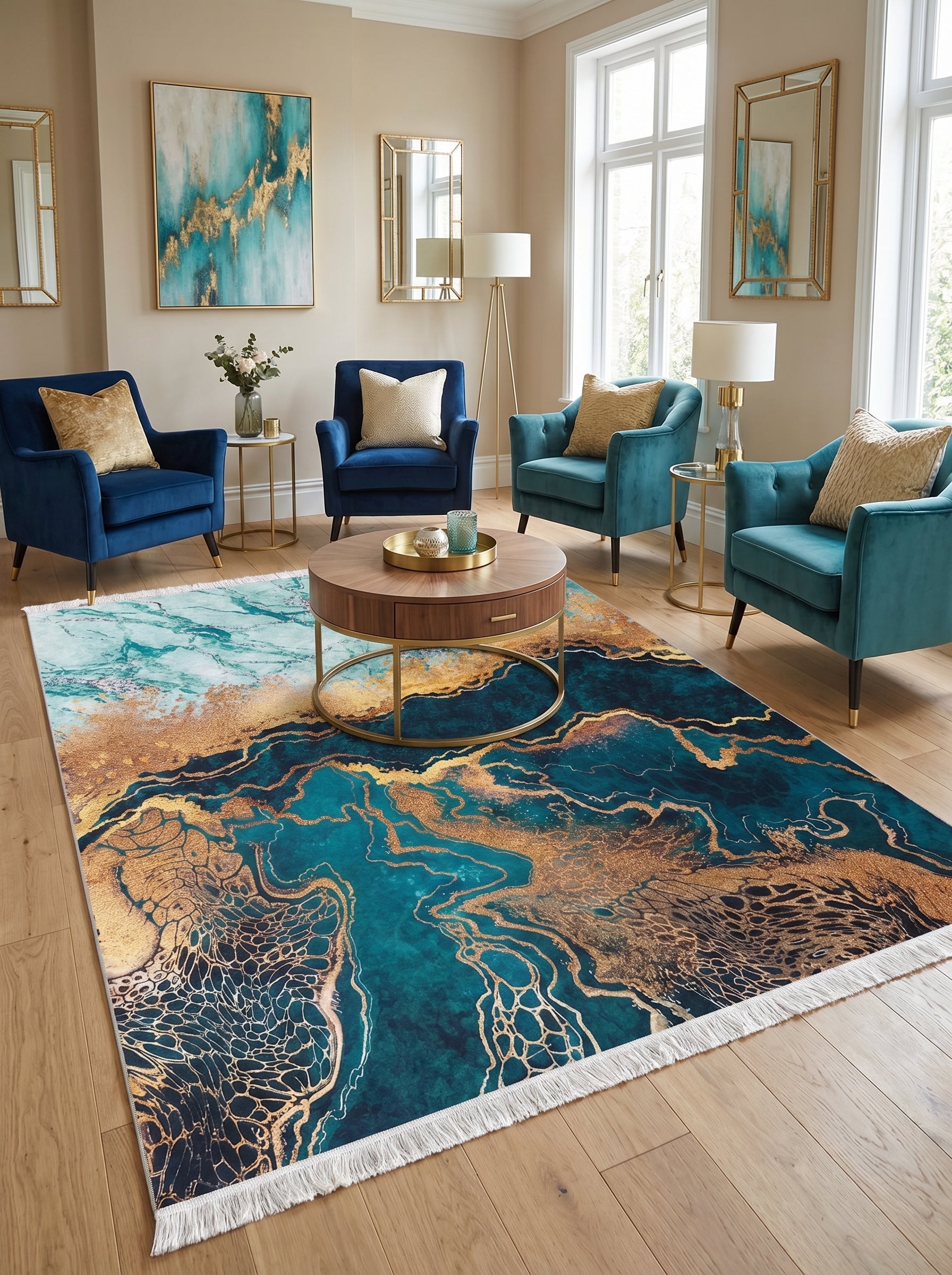 Tapis rectangulaire abstrait avec des veines dorées éclatantes sur un fond dégradé de bleu turquoise et marine, avec franges, dans un salon moderne