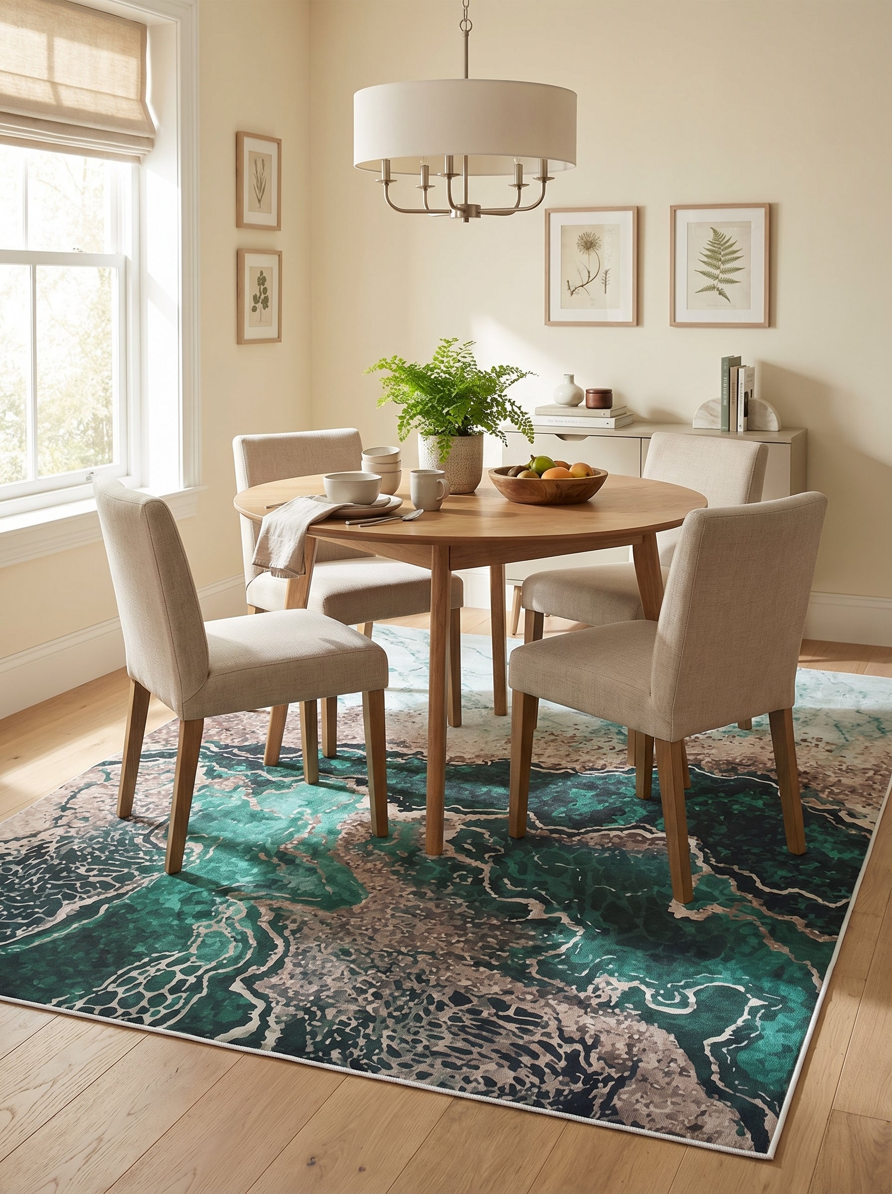 Tapis rectangulaire aux motifs abstraits vert émeraude, turquoise, beige et blanc cassé, évoquant des vagues ou du marbre, sous une table de salle à manger
