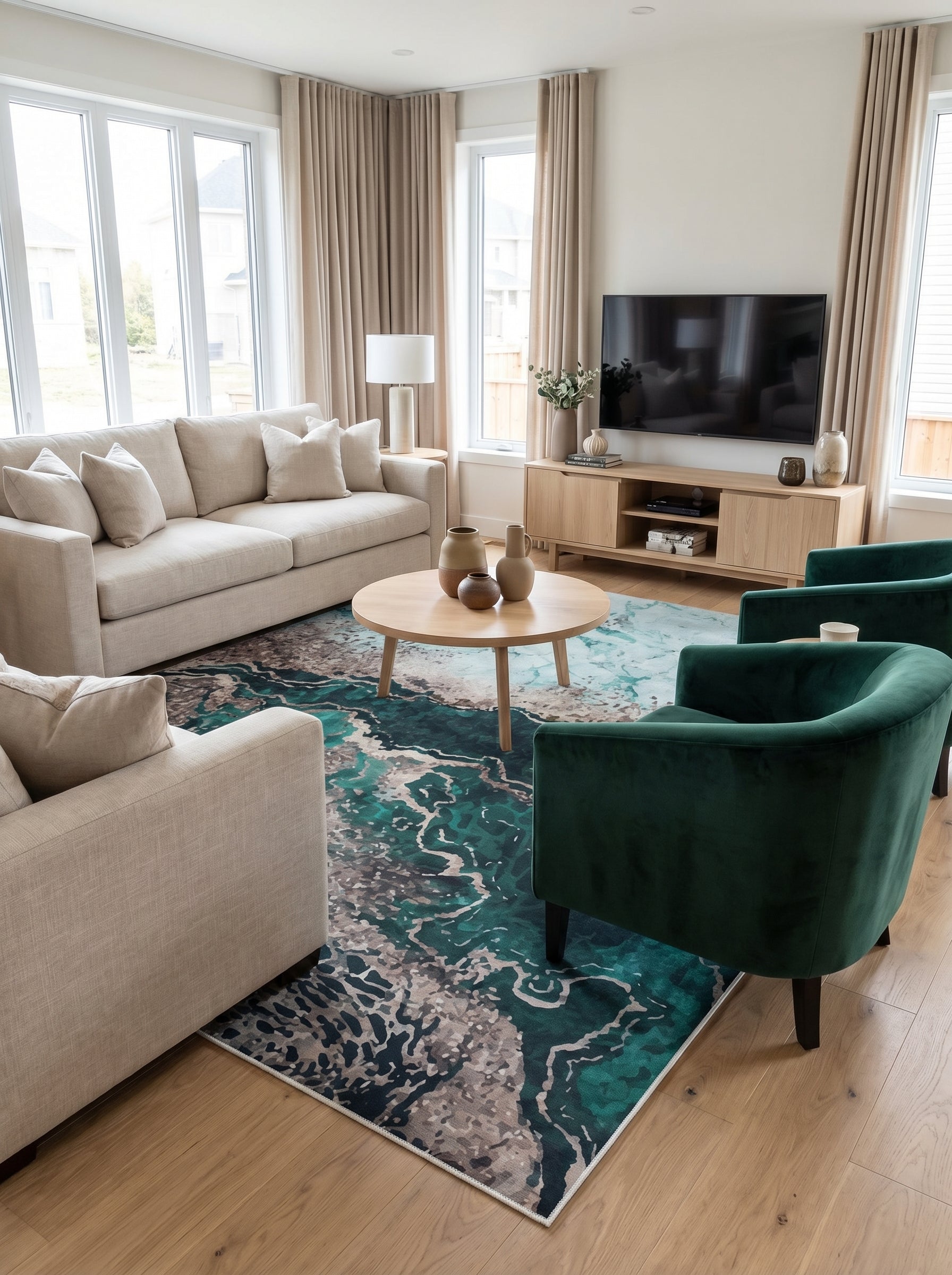 Tapis rectangulaire aux motifs abstraits de verts profonds, gris et beige, évoquant des remous d'eau dans un salon lumineux