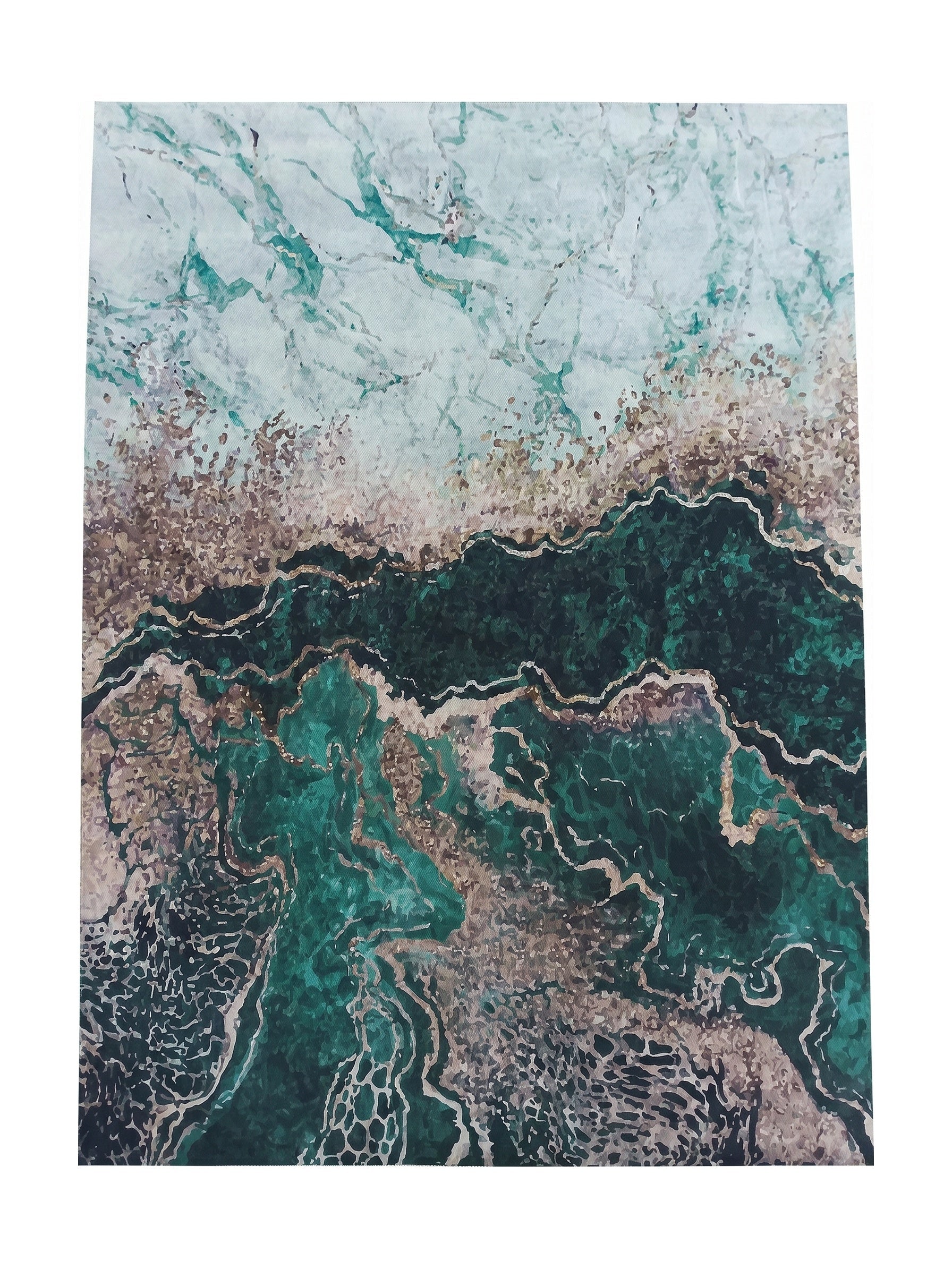 Tapis aux motifs abstraits de marbre, vert clair, vert foncé, marron-doré et beige avec des veines claires et des textures
