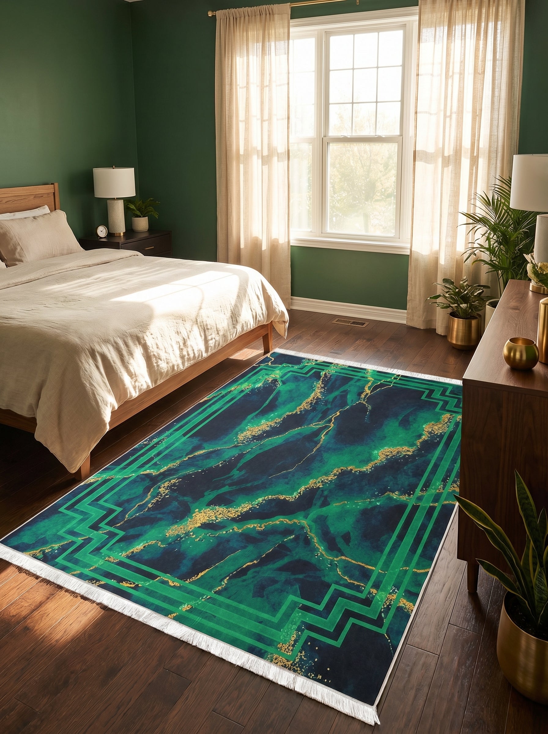 Tapis rectangulaire aux motifs marbrés vert émeraude, bleu marine et or, bordure géométrique verte, franges blanches, dans une chambre