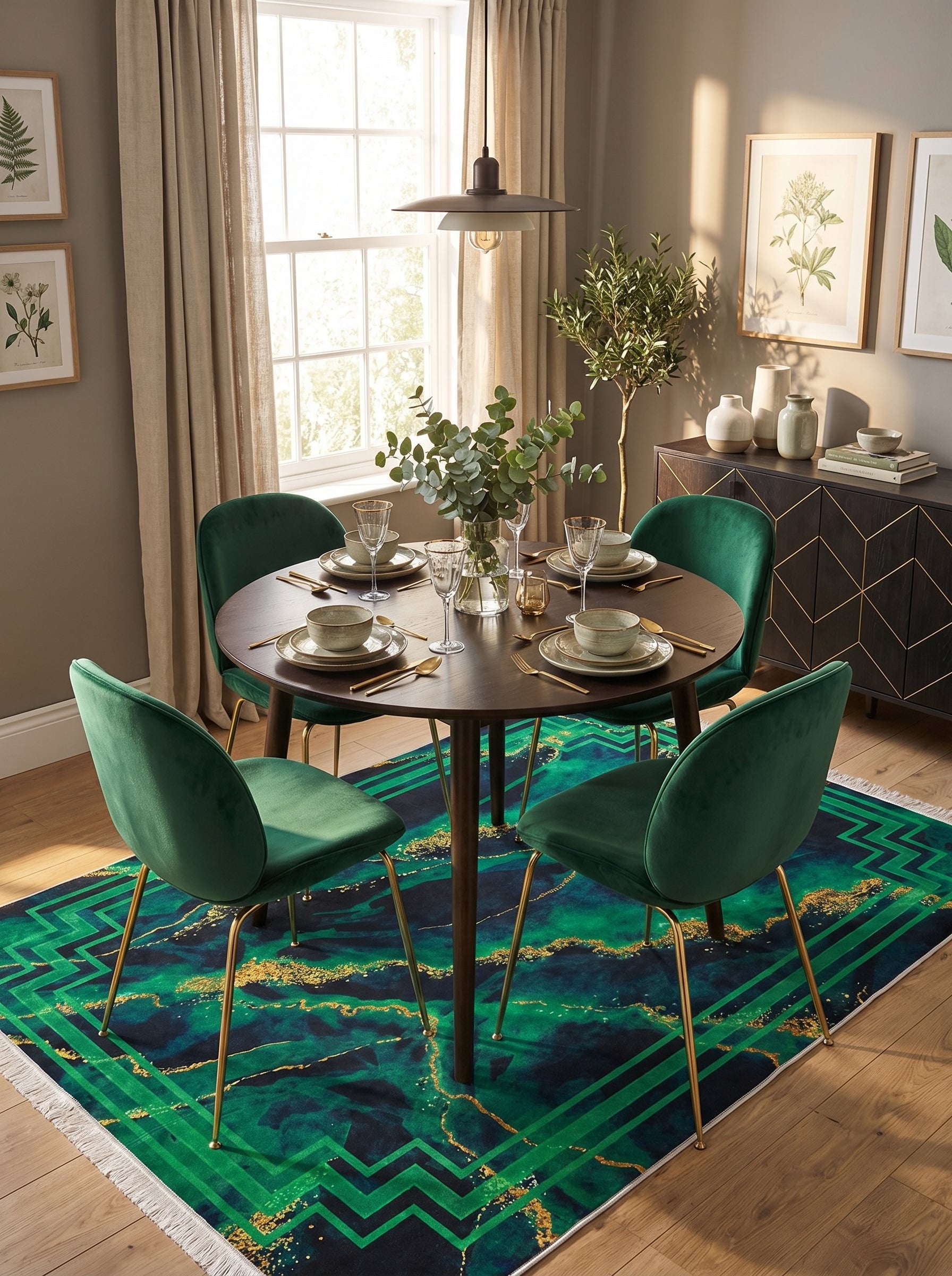 Tapis rectangulaire vert émeraude, bleu nuit et doré aux motifs marbrés avec une bordure géométrique, dans une salle à manger