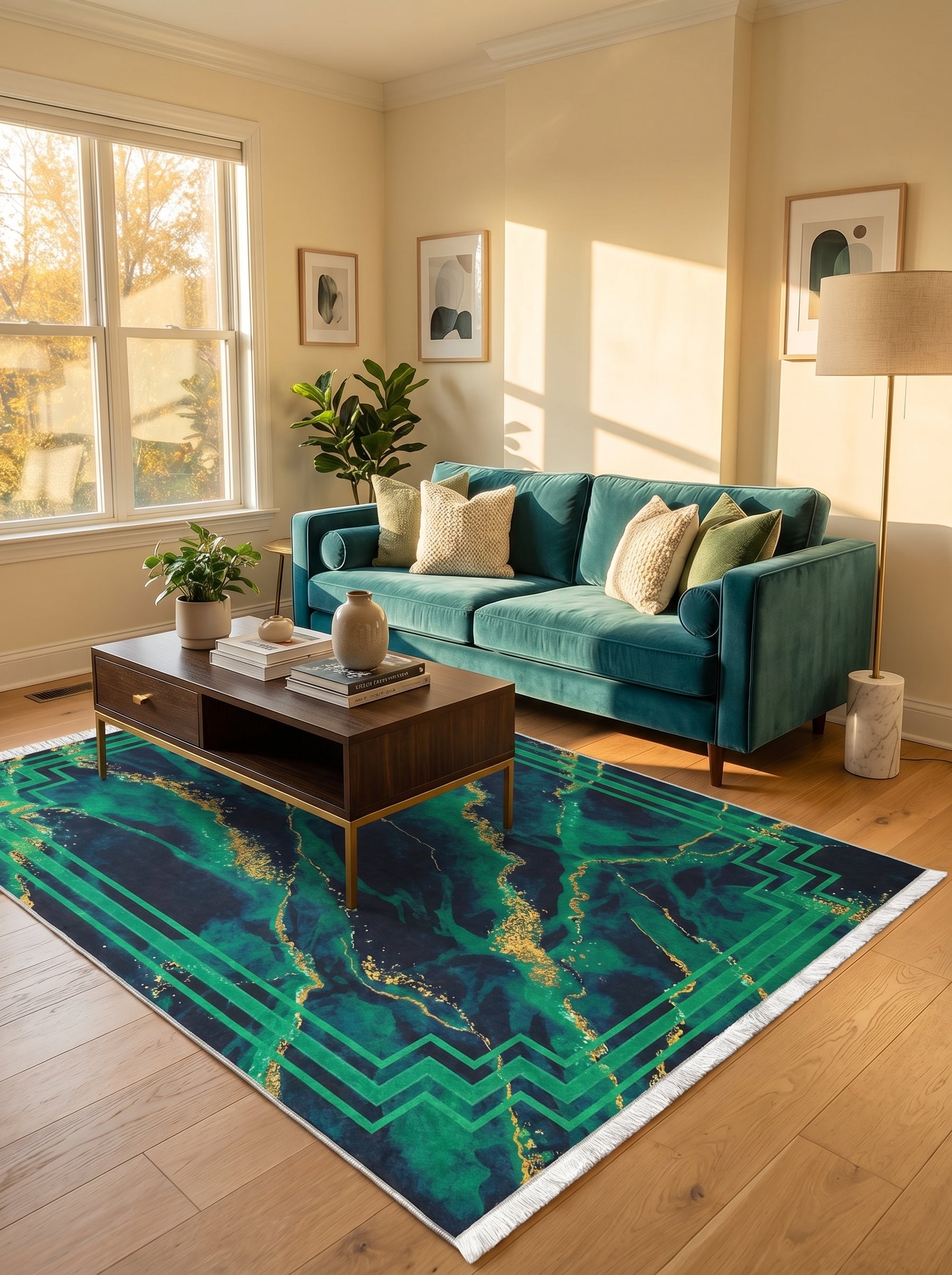 Tapis rectangulaire aux motifs marbrés vert émeraude, bleu marine et or, bordé de franges blanches, dans un salon moderne