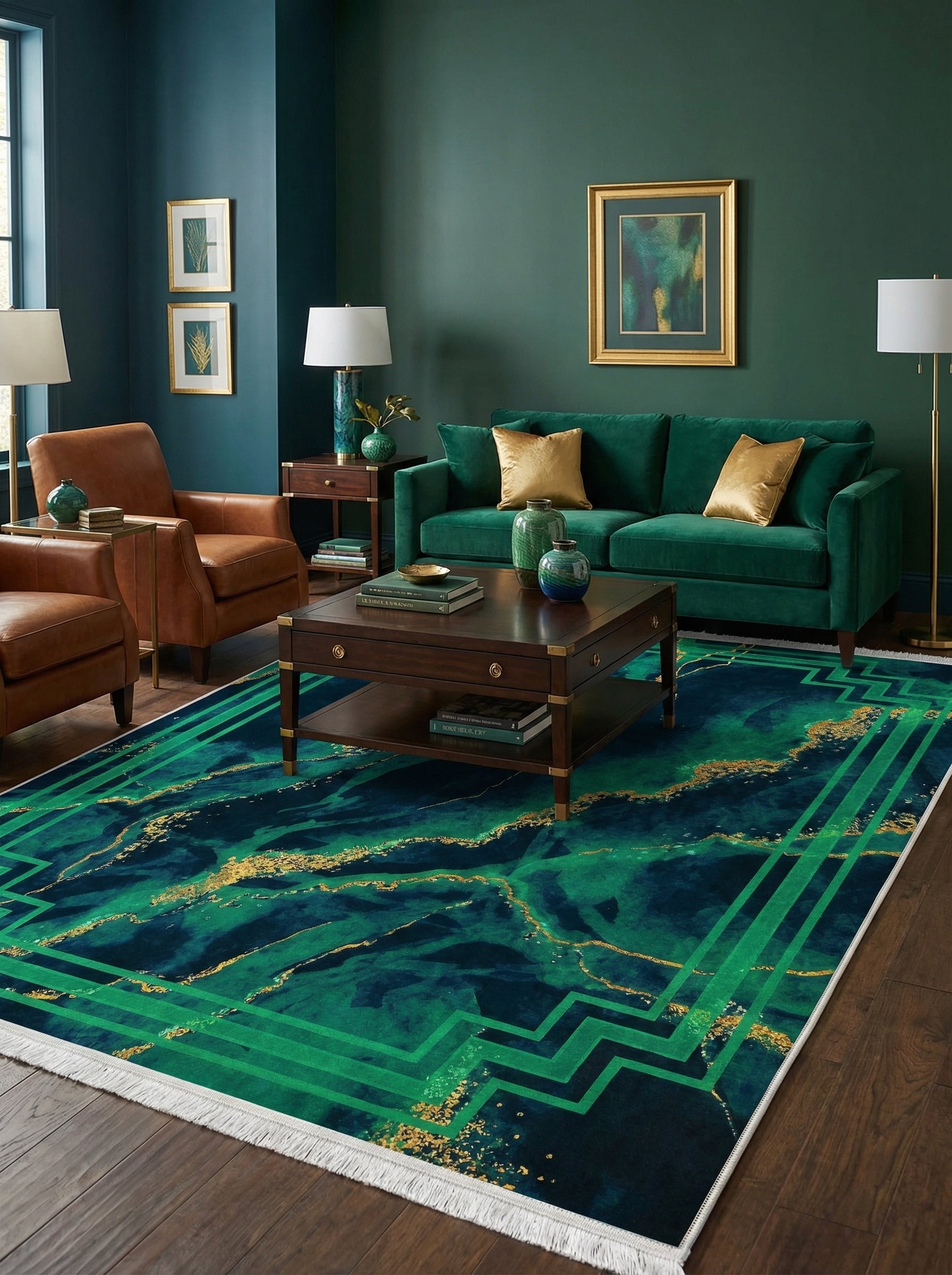 Tapis rectangulaire à motifs marbrés bleu nuit, verts et dorés, avec une bordure géométrique verte, posé dans un salon