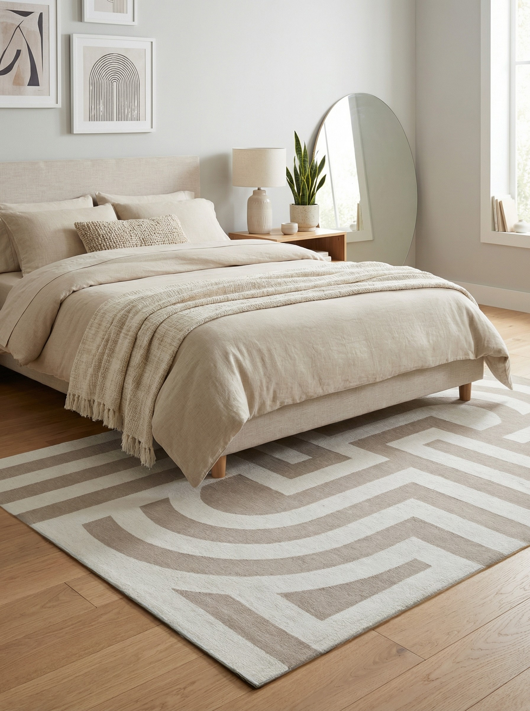 Tapis rectangulaire beige et ambre. Douceur et confort dans cette chambre, ambiance reposante