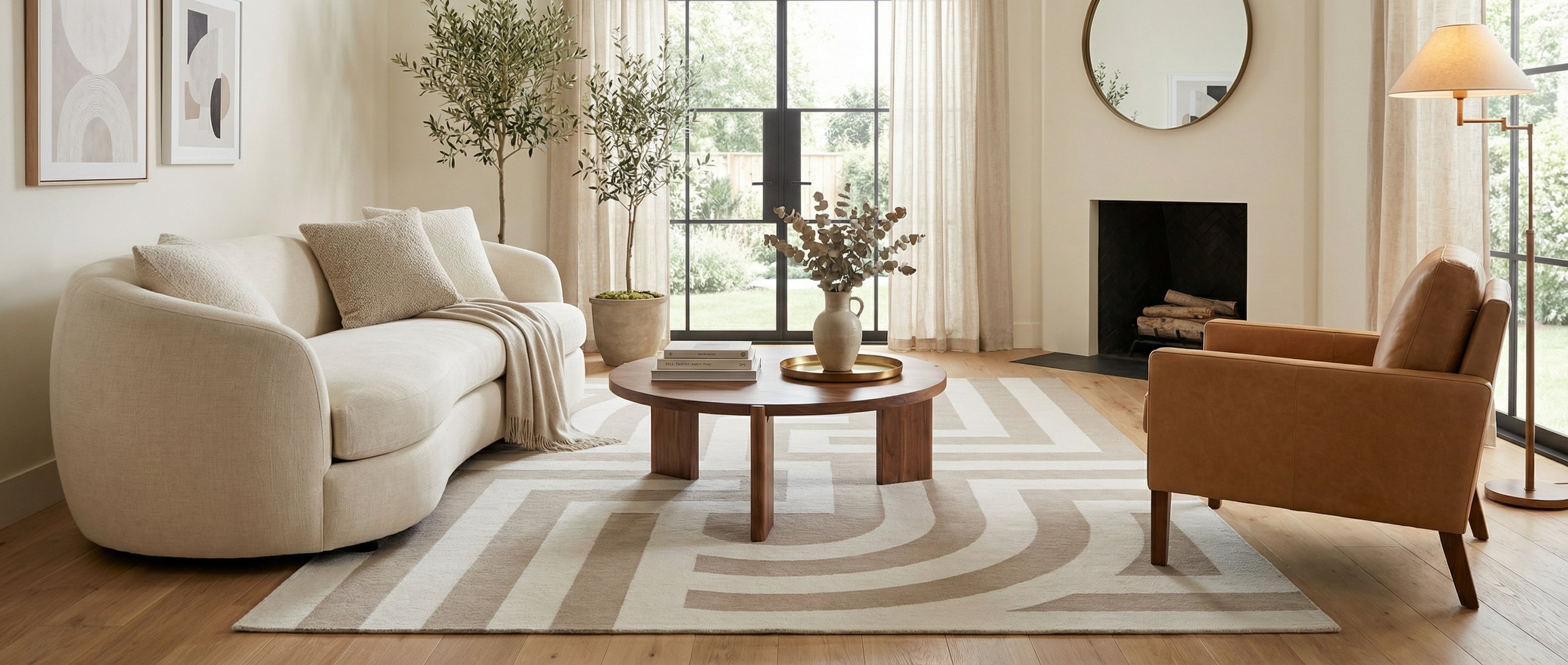 Tapis rectangulaire beige et blanc transforme la pièce. L'ambiance est harmonieuse, avec des couleurs neutres et un style